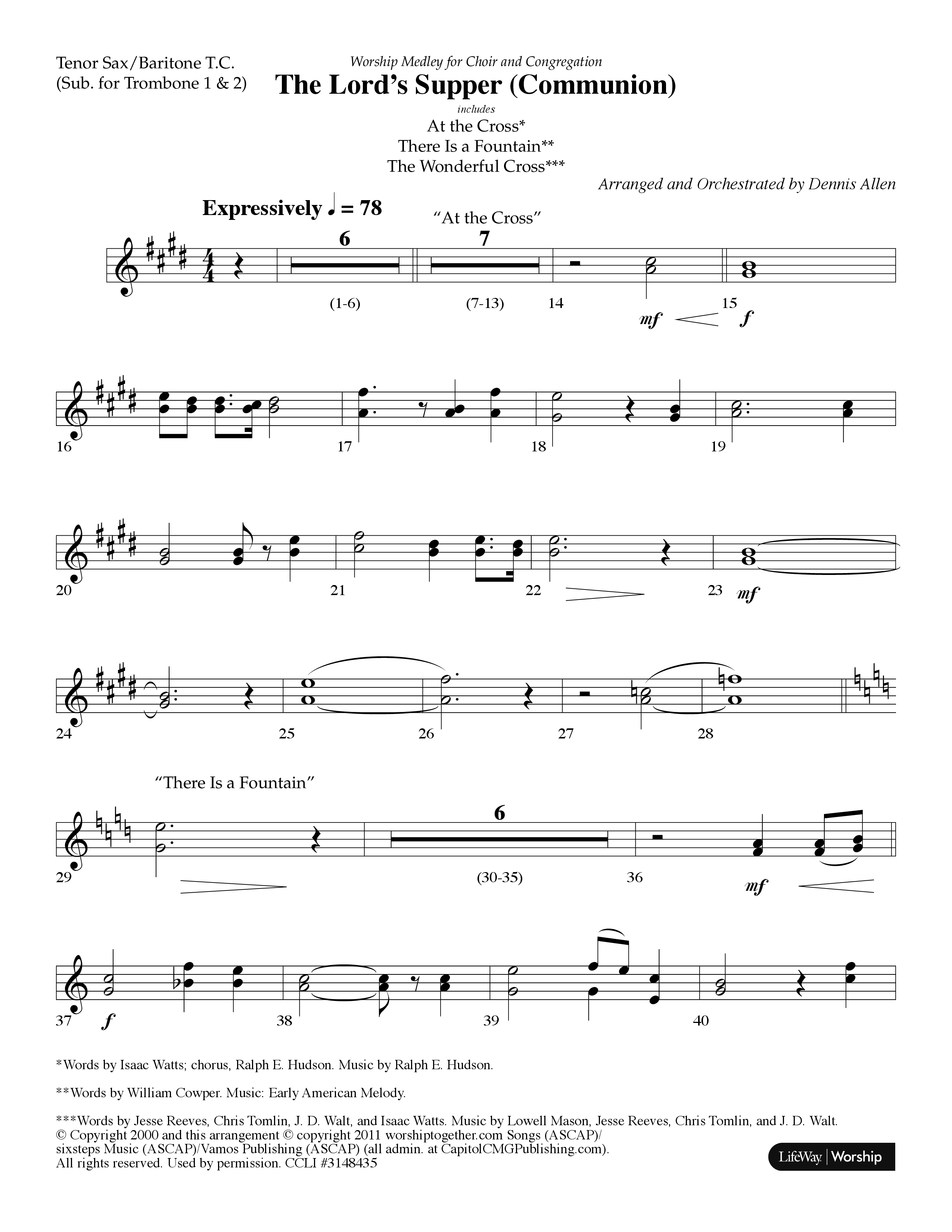 The Lord's Supper Medley (Choral Anthem SATB) Tenor Sax/Baritone T.C. (Lifeway Choral / Arr. Dennis Allen)