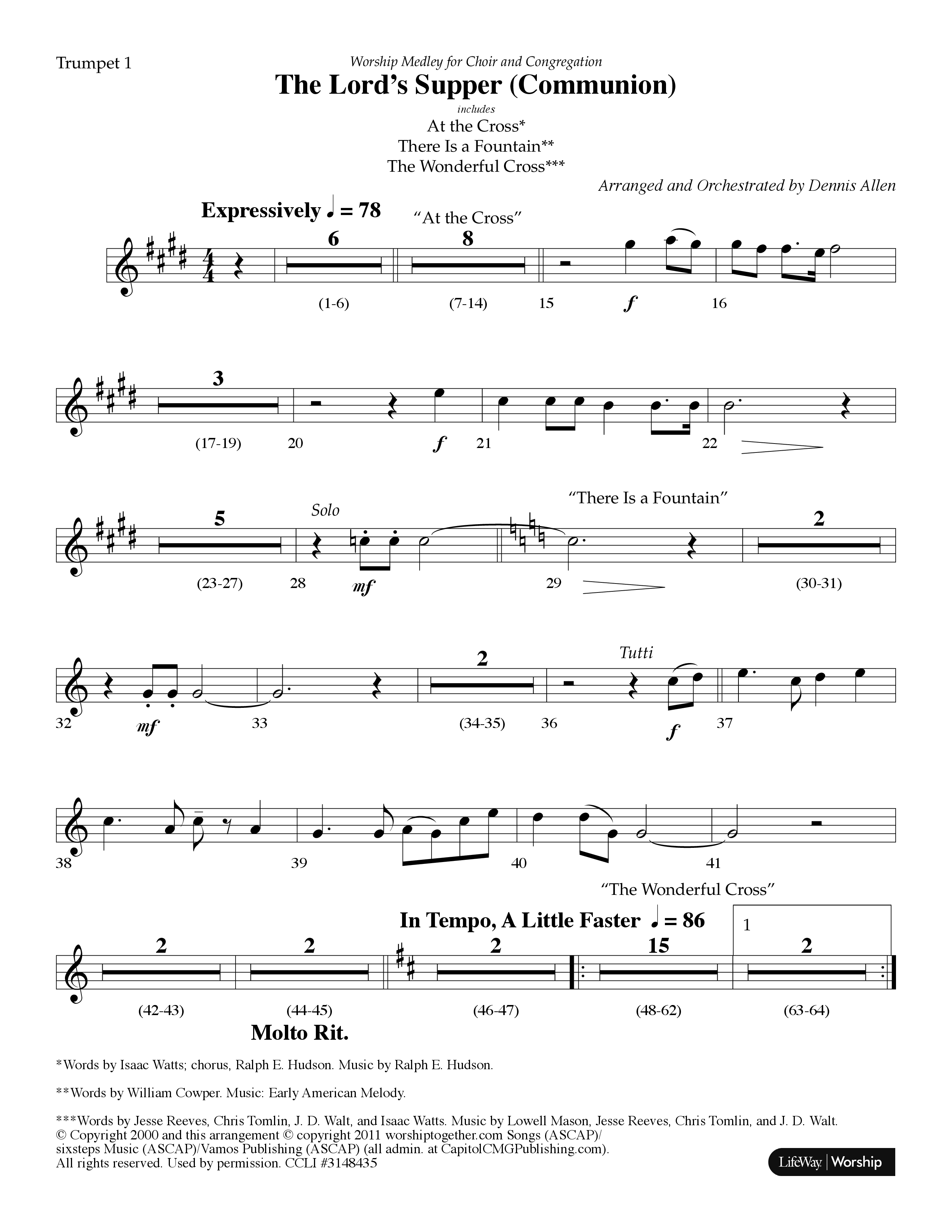 The Lord's Supper Medley (Choral Anthem SATB) Trumpet 1 (Lifeway Choral / Arr. Dennis Allen)