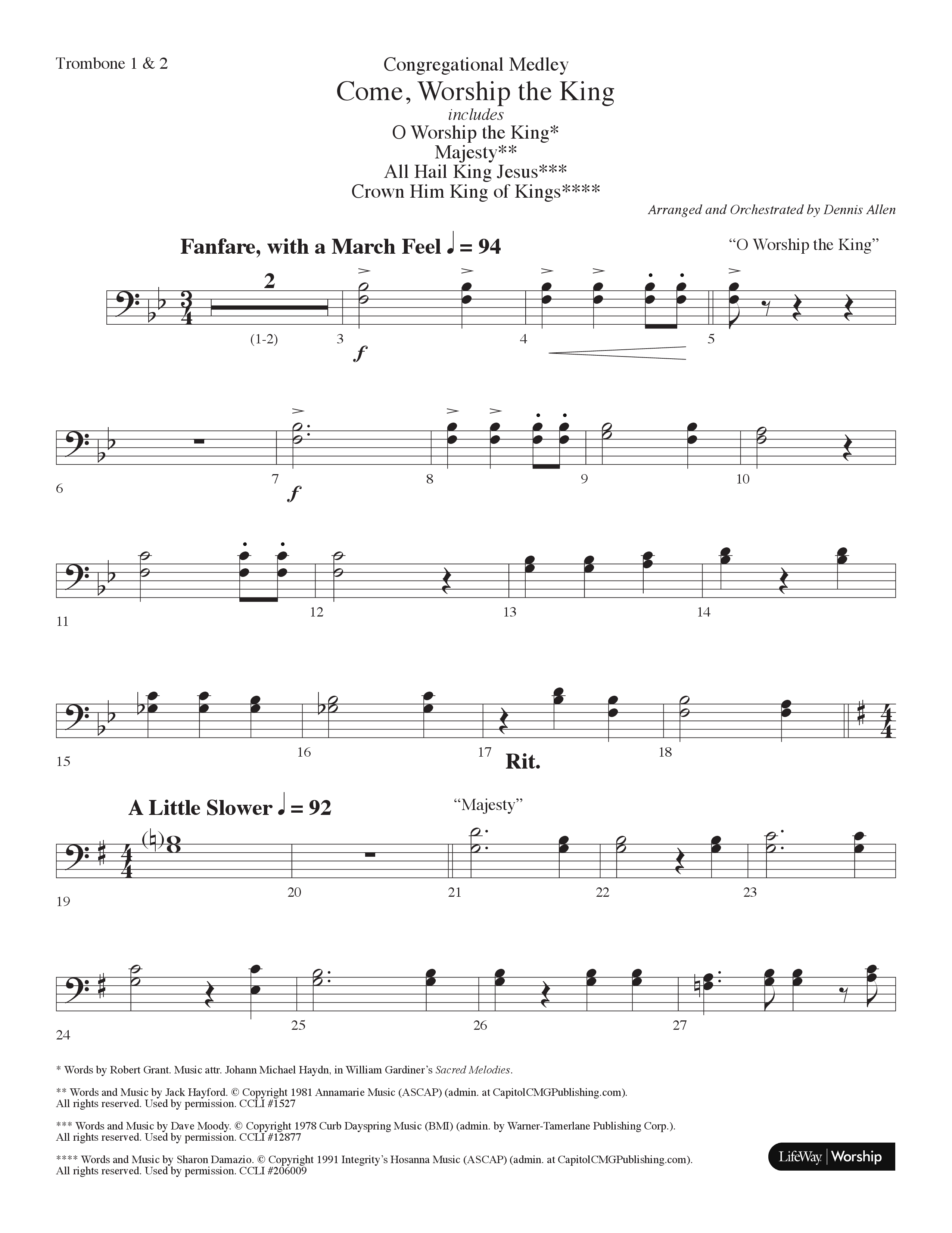 Come Worship The King (Choral Anthem SATB) Trombone 1/2 (Lifeway Choral / Arr. Dennis Allen)
