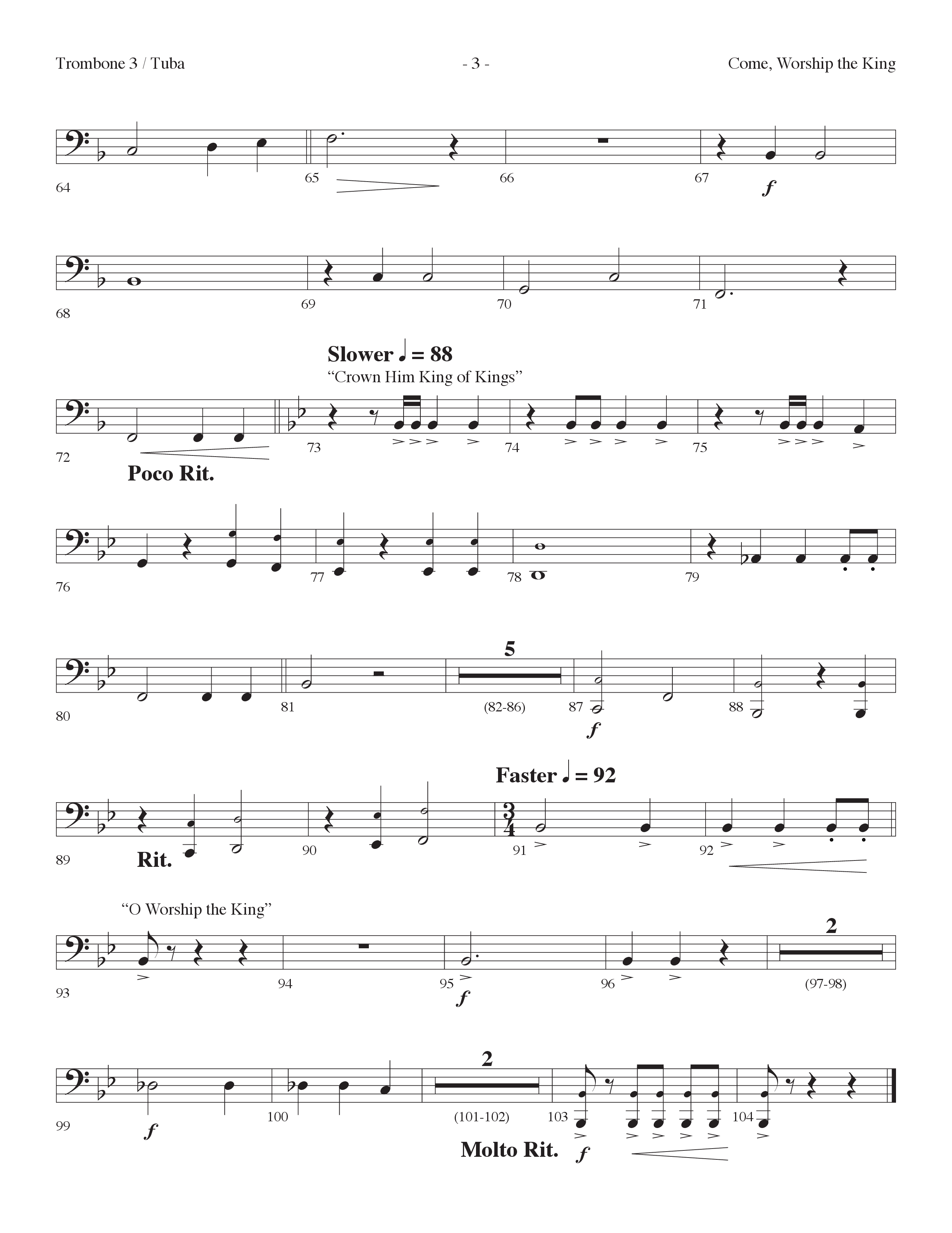 Come Worship The King (Choral Anthem SATB) Trombone 3/Tuba (Lifeway Choral / Arr. Dennis Allen)