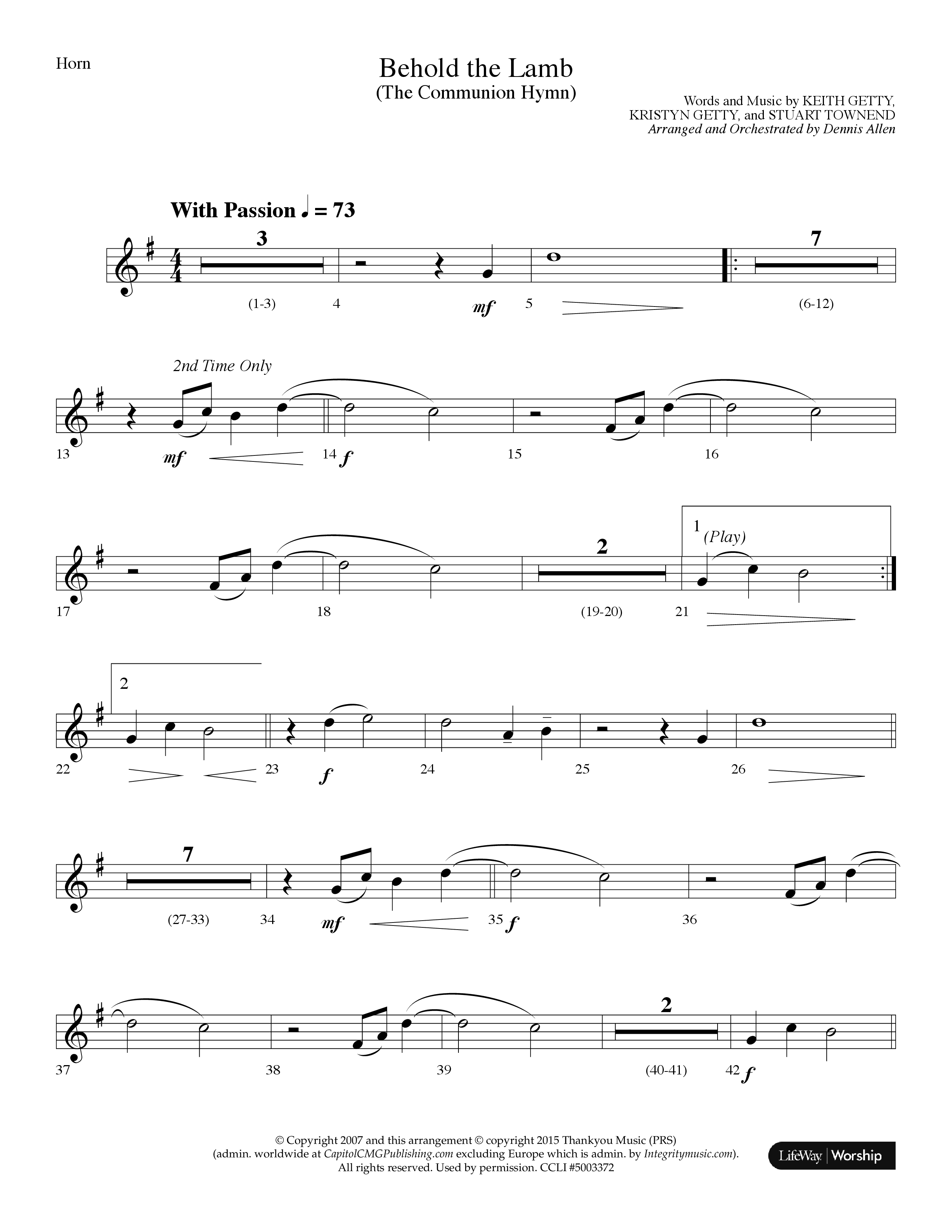 Behold The Lamb (Communion Hymn) (Choral Anthem SATB) French Horn (Lifeway Choral / Arr. Dennis Allen)