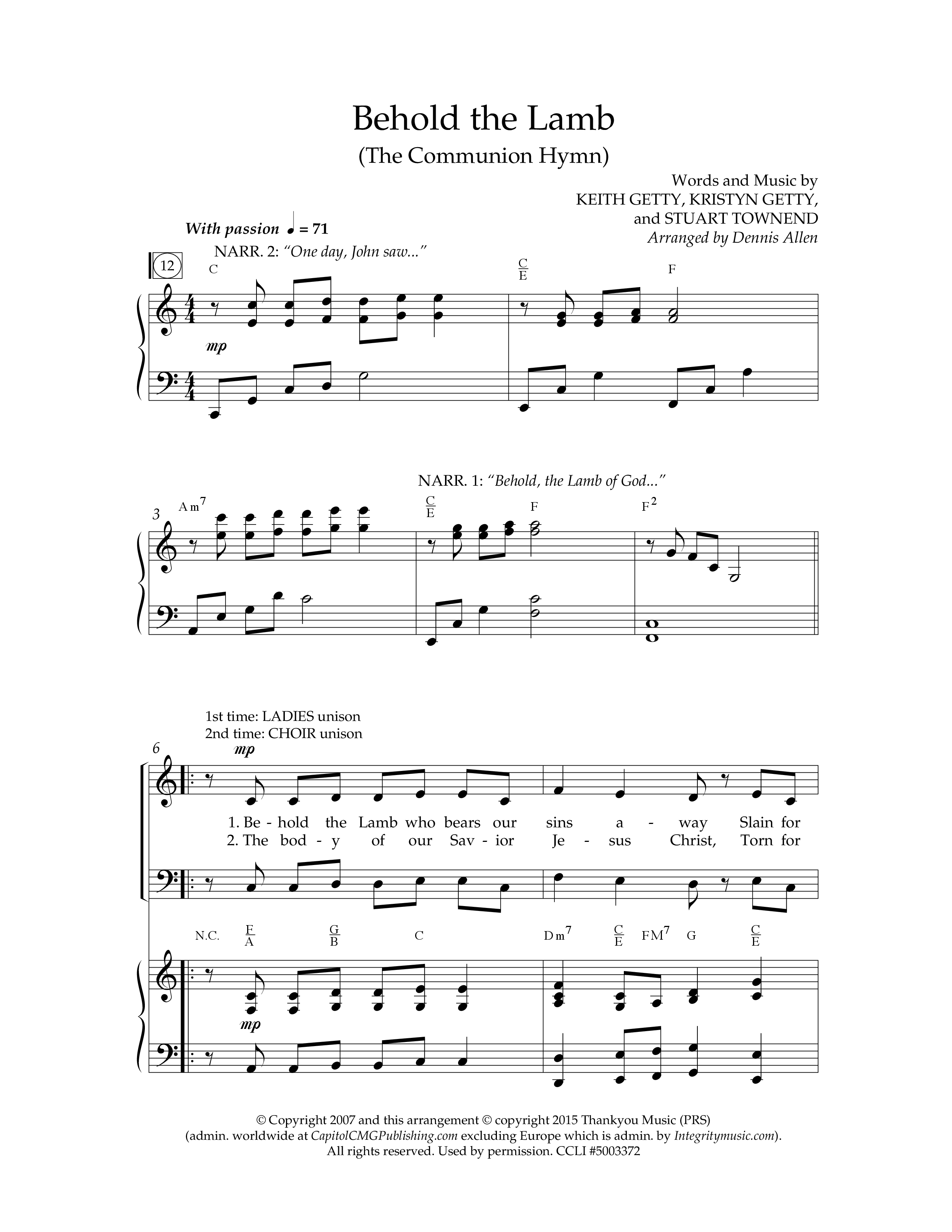 Behold The Lamb (Communion Hymn) (Choral Anthem SATB) Anthem (SATB/Piano) (Lifeway Choral / Arr. Dennis Allen)