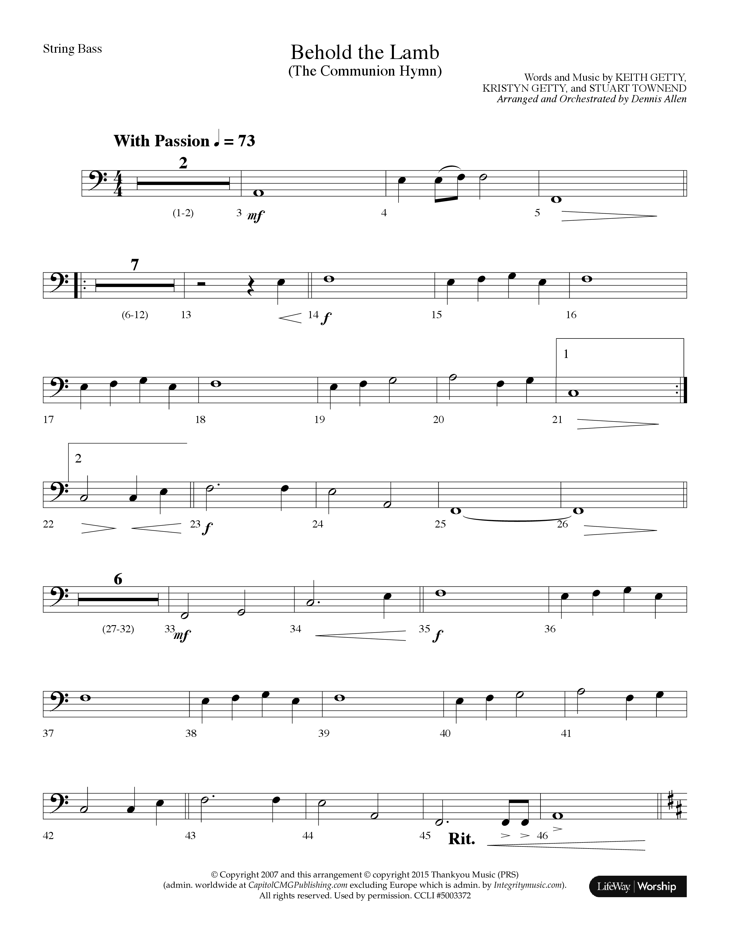 Behold The Lamb (Communion Hymn) (Choral Anthem SATB) String Bass (Lifeway Choral / Arr. Dennis Allen)