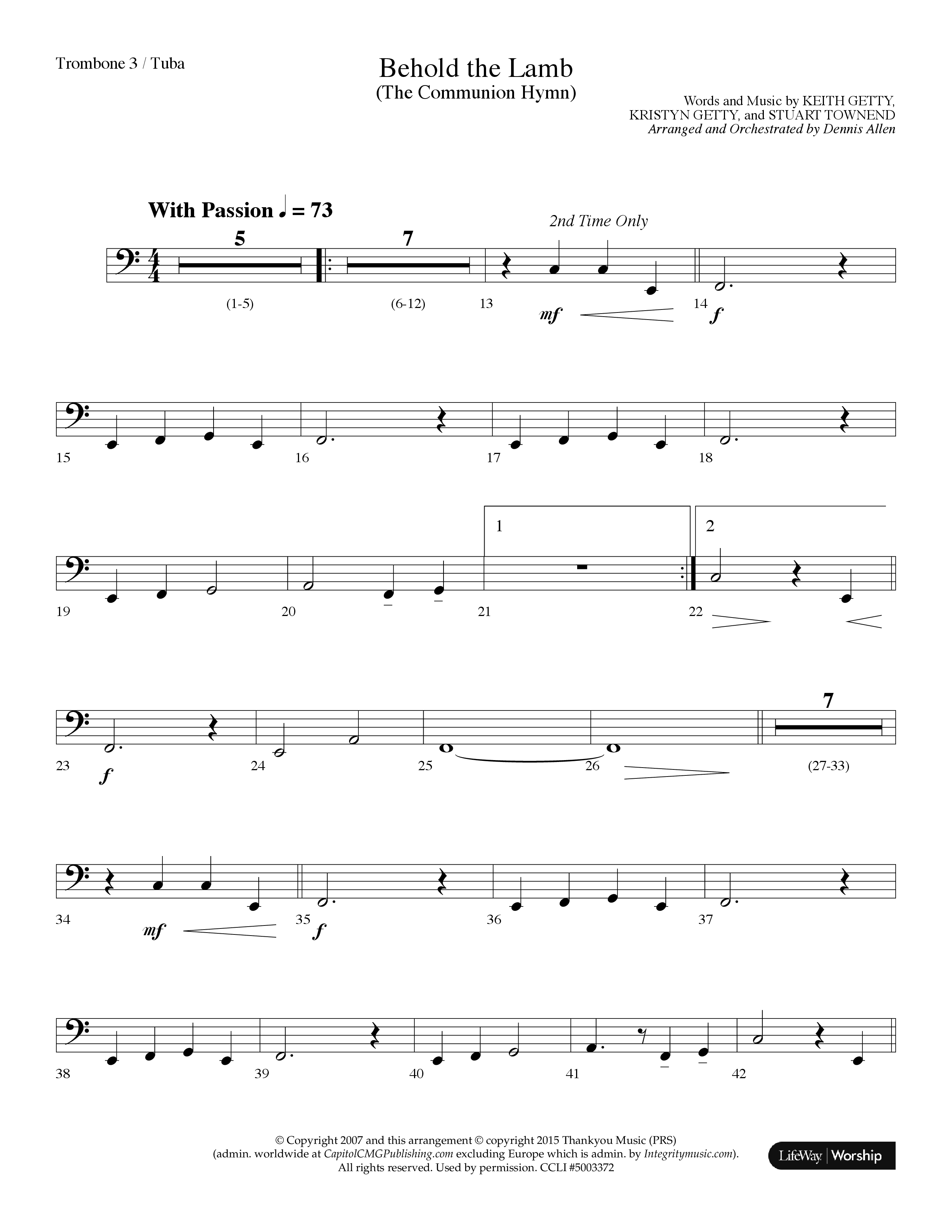 Behold The Lamb (Communion Hymn) (Choral Anthem SATB) Trombone 3/Tuba (Lifeway Choral / Arr. Dennis Allen)