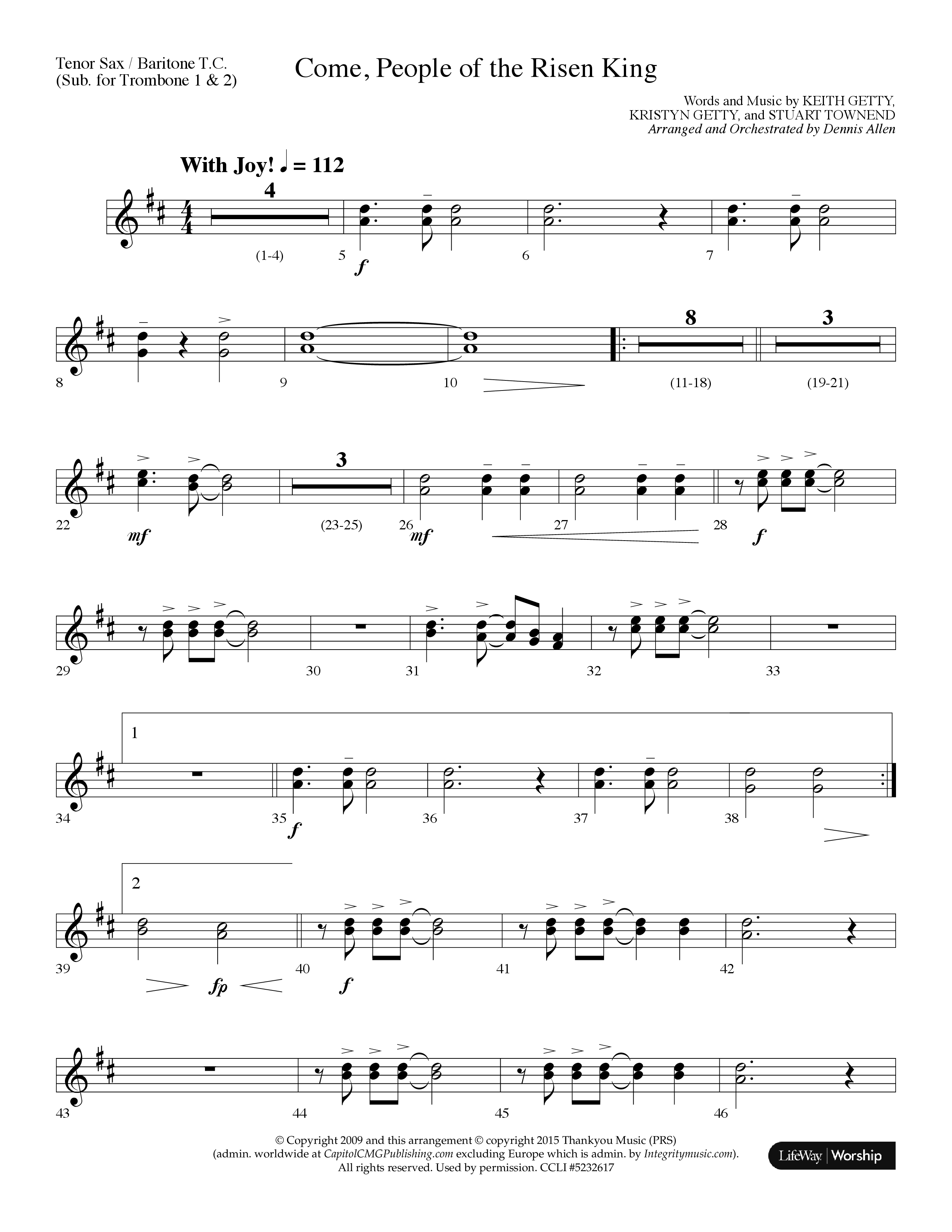 Come People Of The Risen King (Choral Anthem SATB) Tenor Sax/Baritone T.C. (Lifeway Choral / Arr. Dennis Allen)