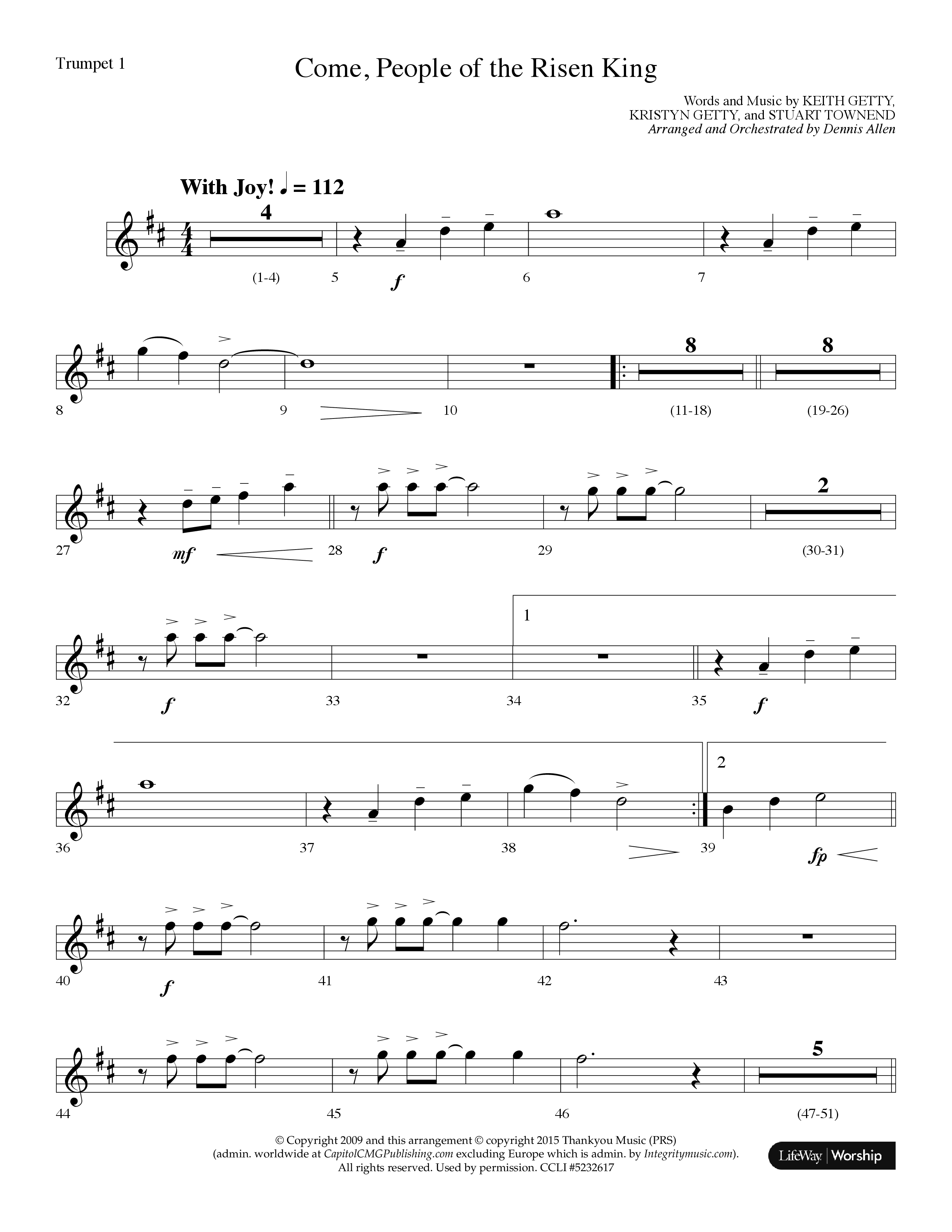 Come People Of The Risen King (Choral Anthem SATB) Trumpet 1 (Lifeway Choral / Arr. Dennis Allen)
