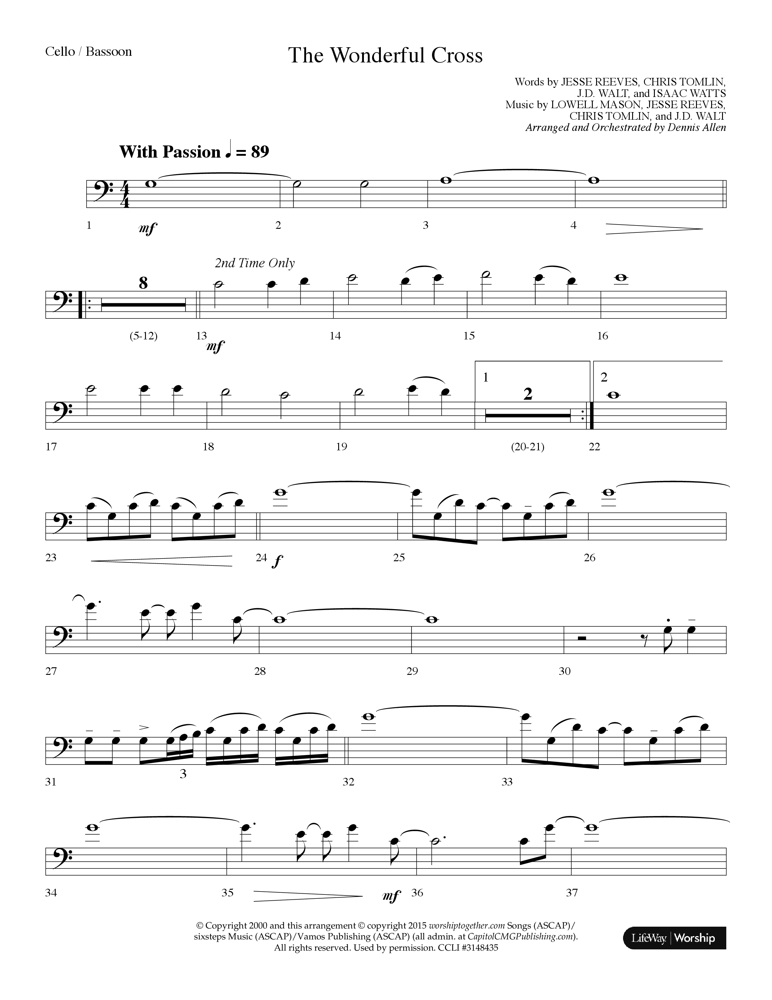 The Wonderful Cross (Choral Anthem SATB) Cello (Lifeway Choral / Arr. Dennis Allen)