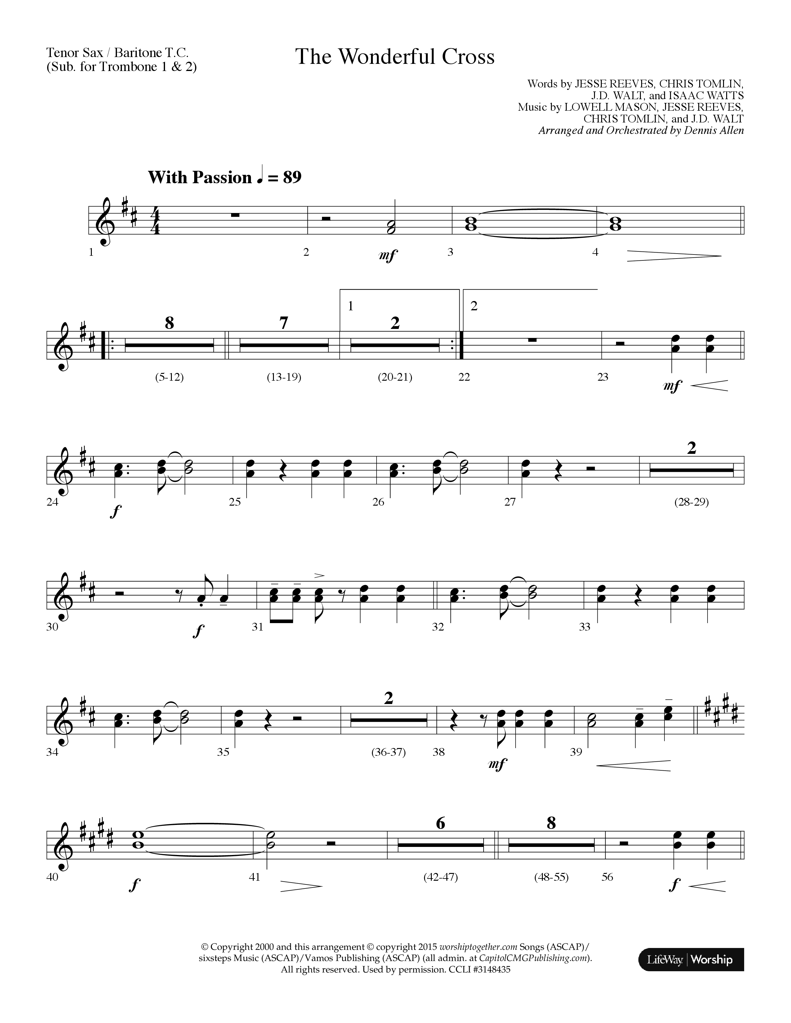 The Wonderful Cross (Choral Anthem SATB) Tenor Sax/Baritone T.C. (Lifeway Choral / Arr. Dennis Allen)