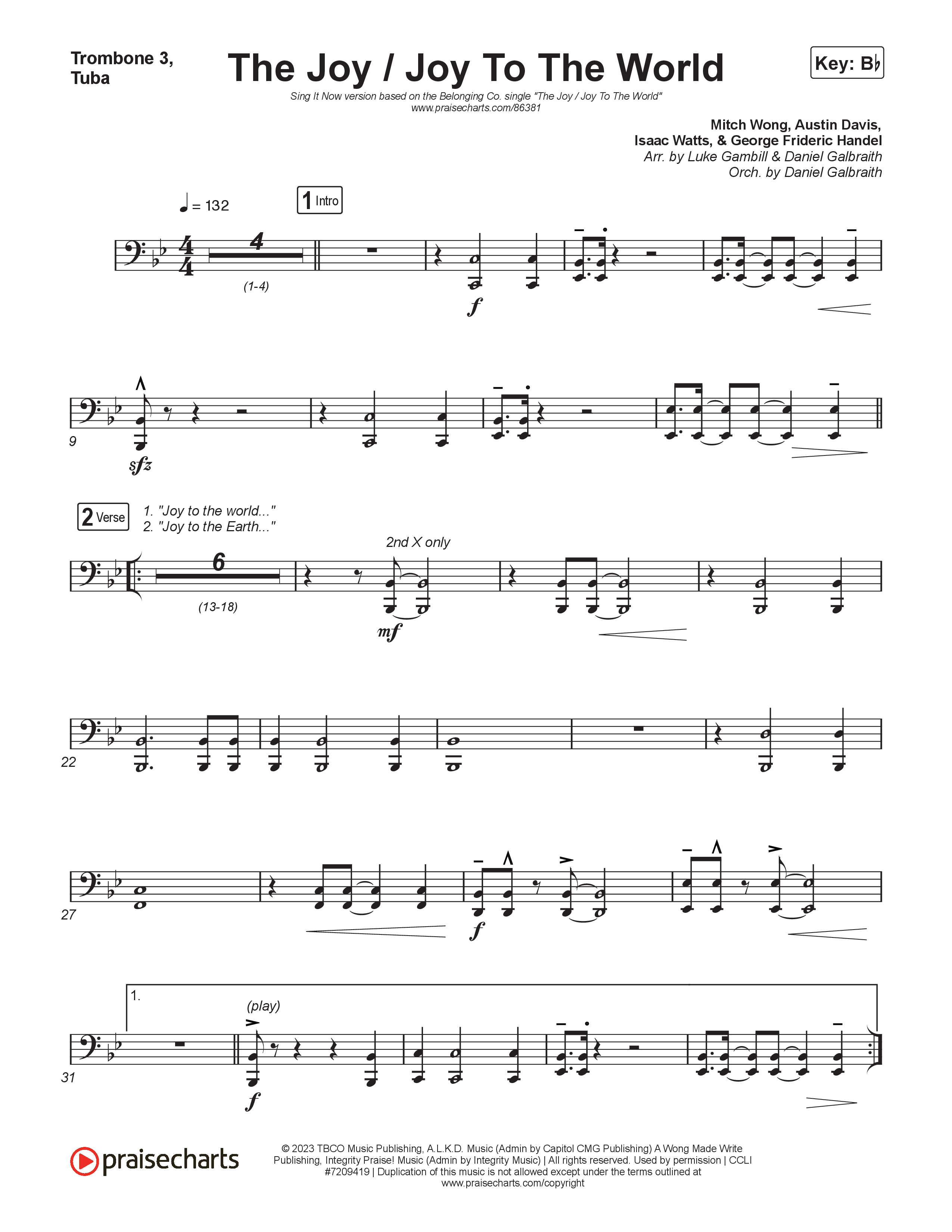 The Joy / Joy To The World (Sing It Now) Trombone 3/Tuba (The Belonging Co / David Dennis / Arr. Luke Gambill)