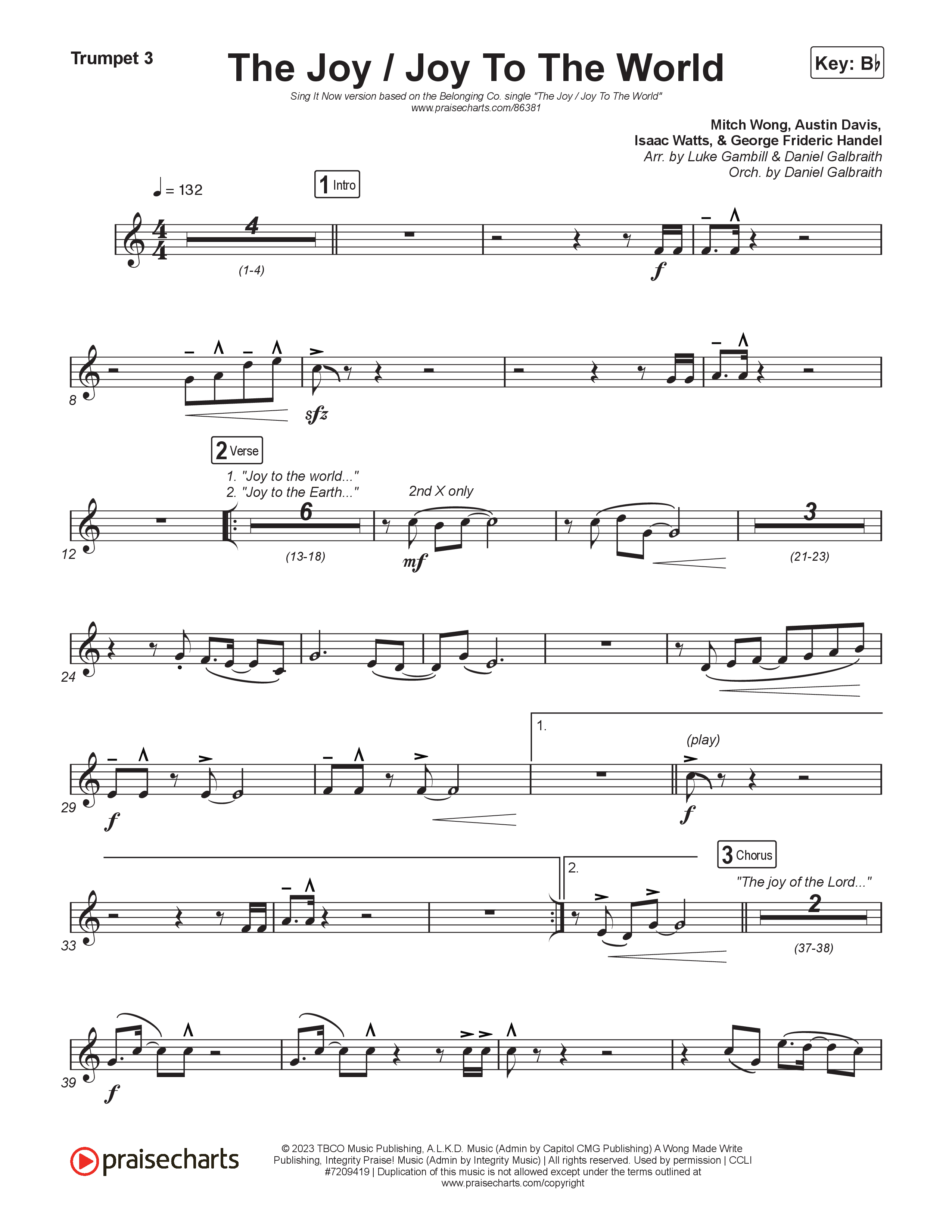 The Joy / Joy To The World (Sing It Now) Trumpet 3 (The Belonging Co / David Dennis / Arr. Luke Gambill)