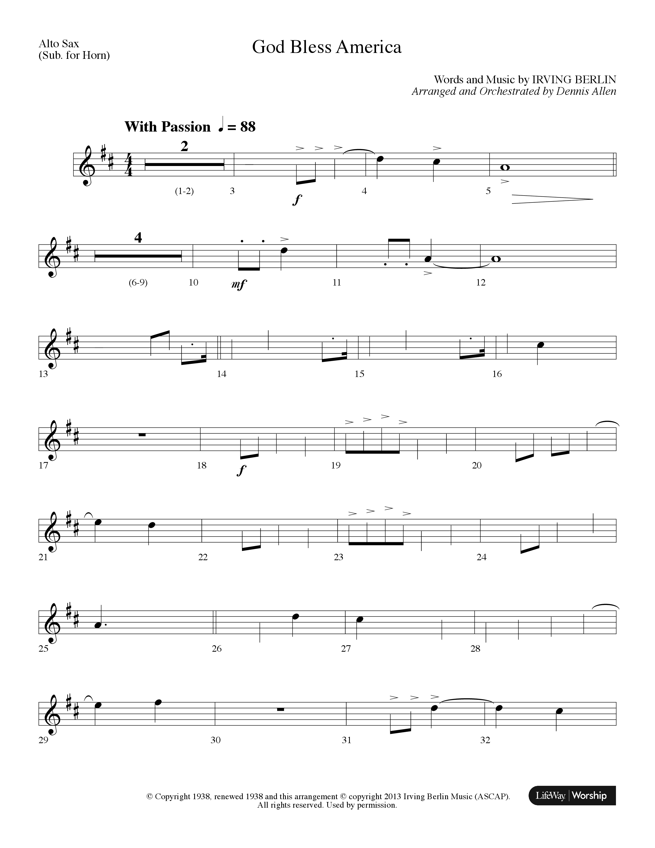 God Bless America (Choral Anthem SATB) Alto Sax (Lifeway Choral / Arr. Dennis Allen)