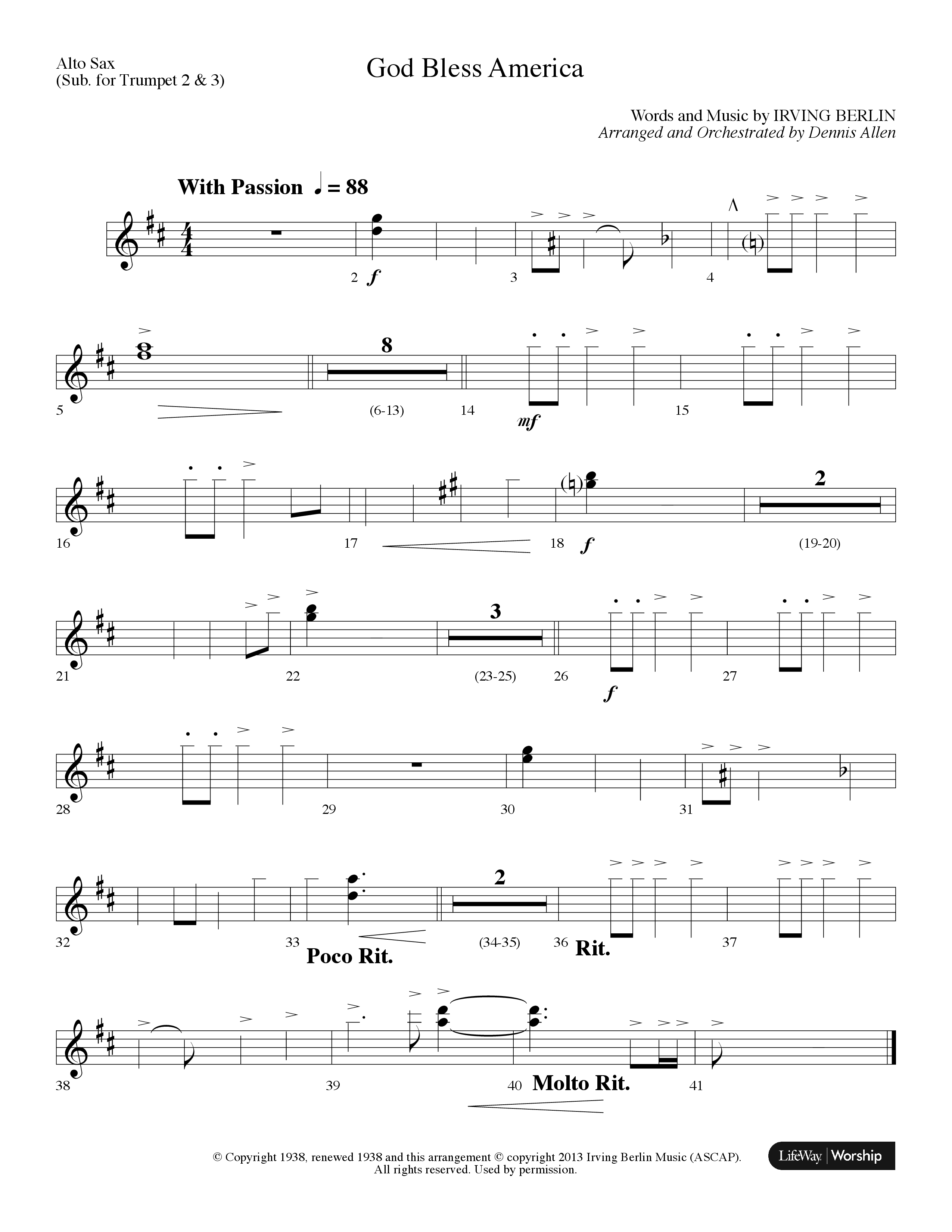 God Bless America (Choral Anthem SATB) Alto Sax (Lifeway Choral / Arr. Dennis Allen)