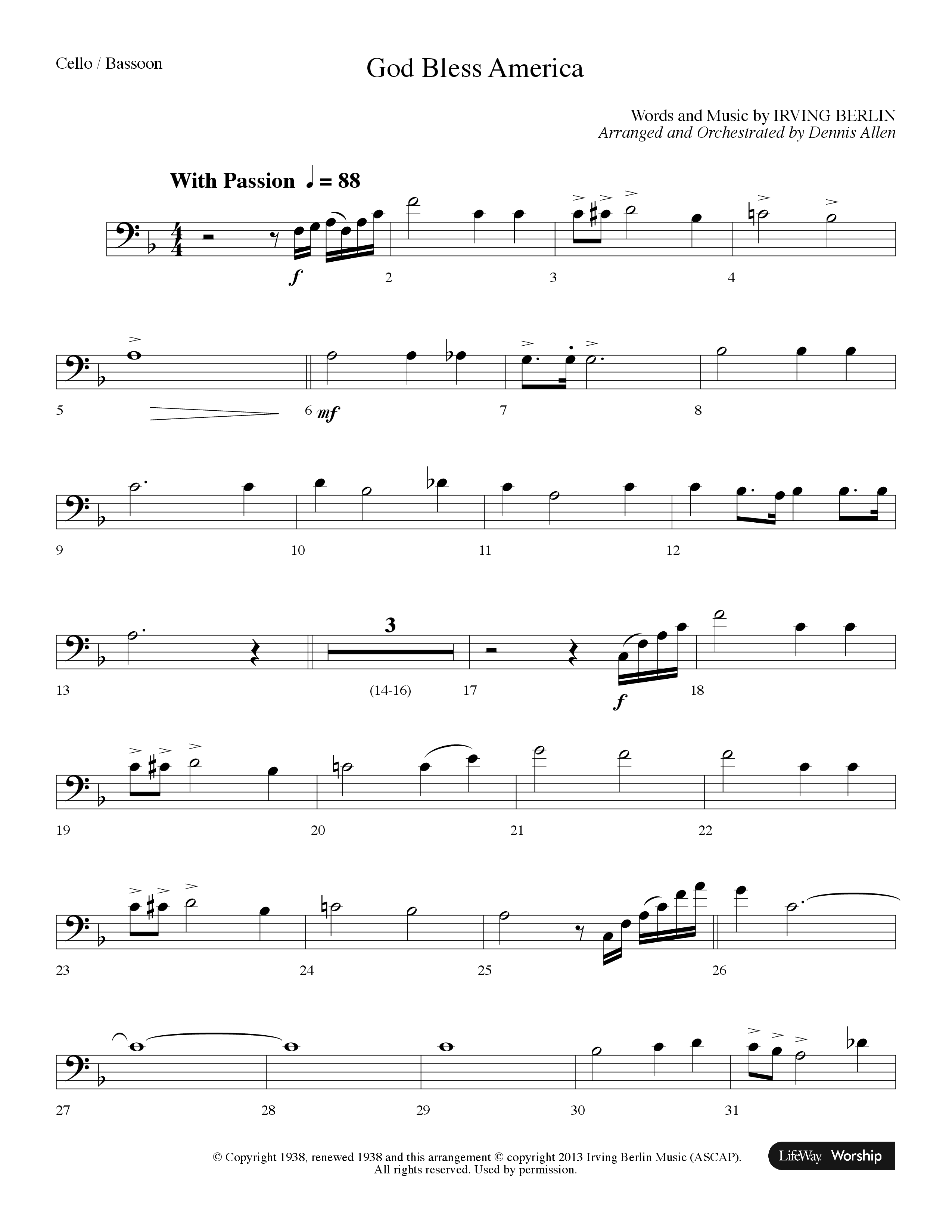 God Bless America (Choral Anthem SATB) Cello (Lifeway Choral / Arr. Dennis Allen)