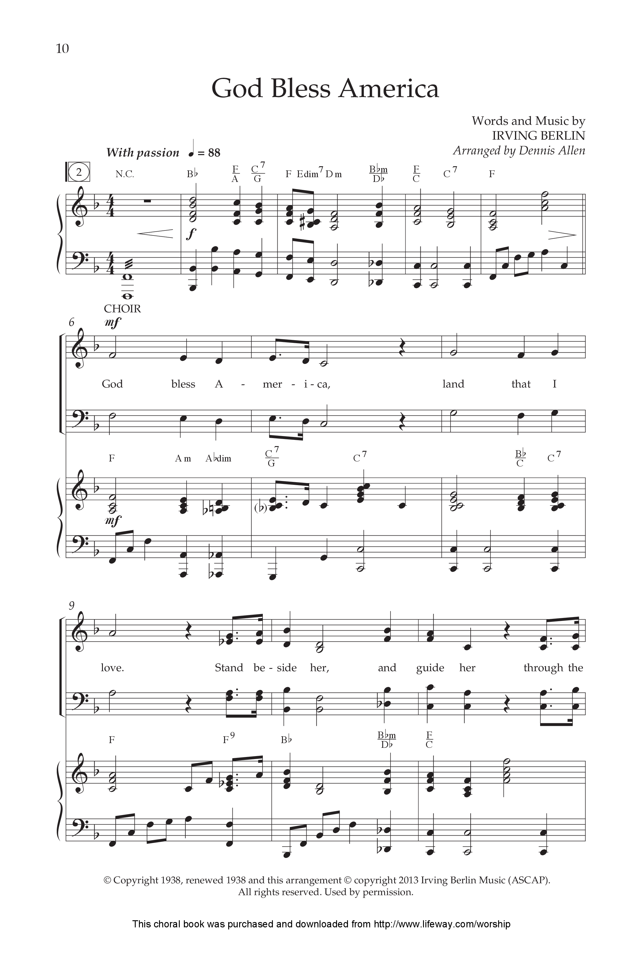 God Bless America (Choral Anthem SATB) Anthem (SATB/Piano) (Lifeway Choral / Arr. Dennis Allen)