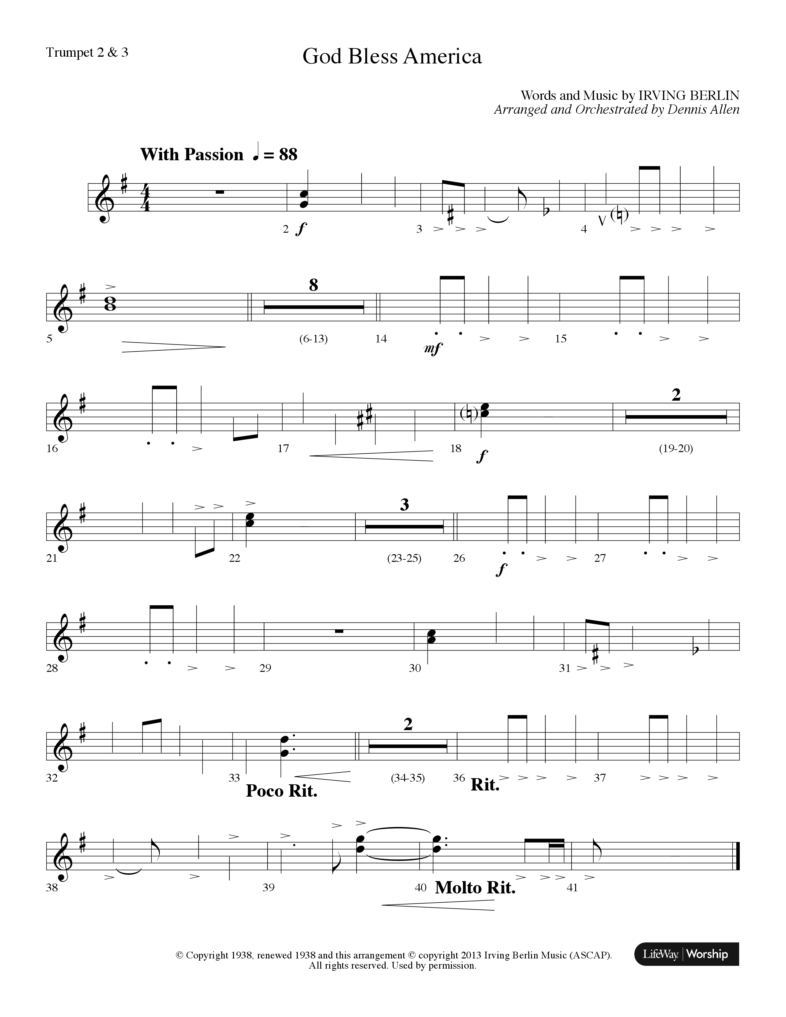 God Bless America (Choral Anthem SATB) Trumpet 2/3 (Lifeway Choral / Arr. Dennis Allen)