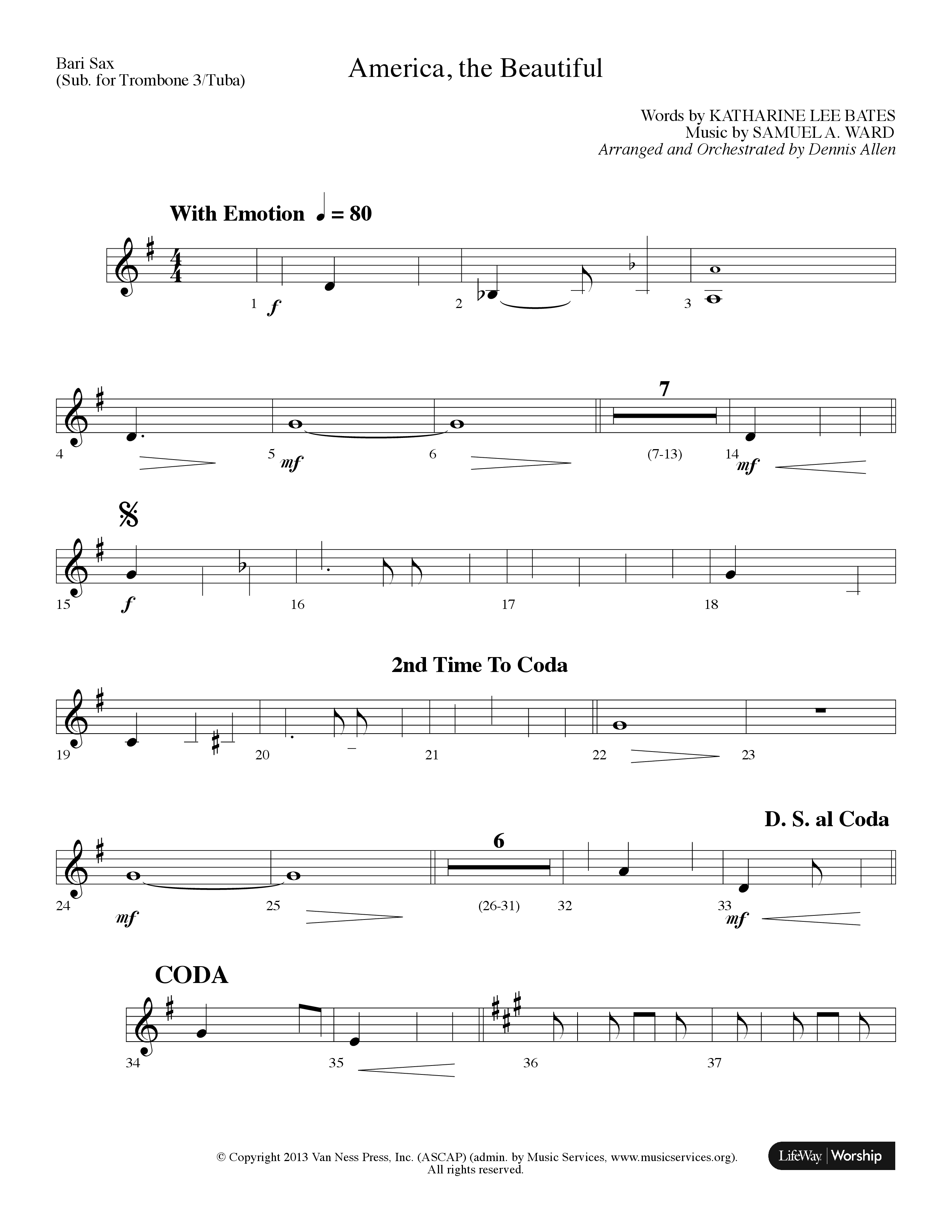 America The Beautiful (Choral Anthem SATB) Bari Sax (Lifeway Choral / Arr. Dennis Allen)