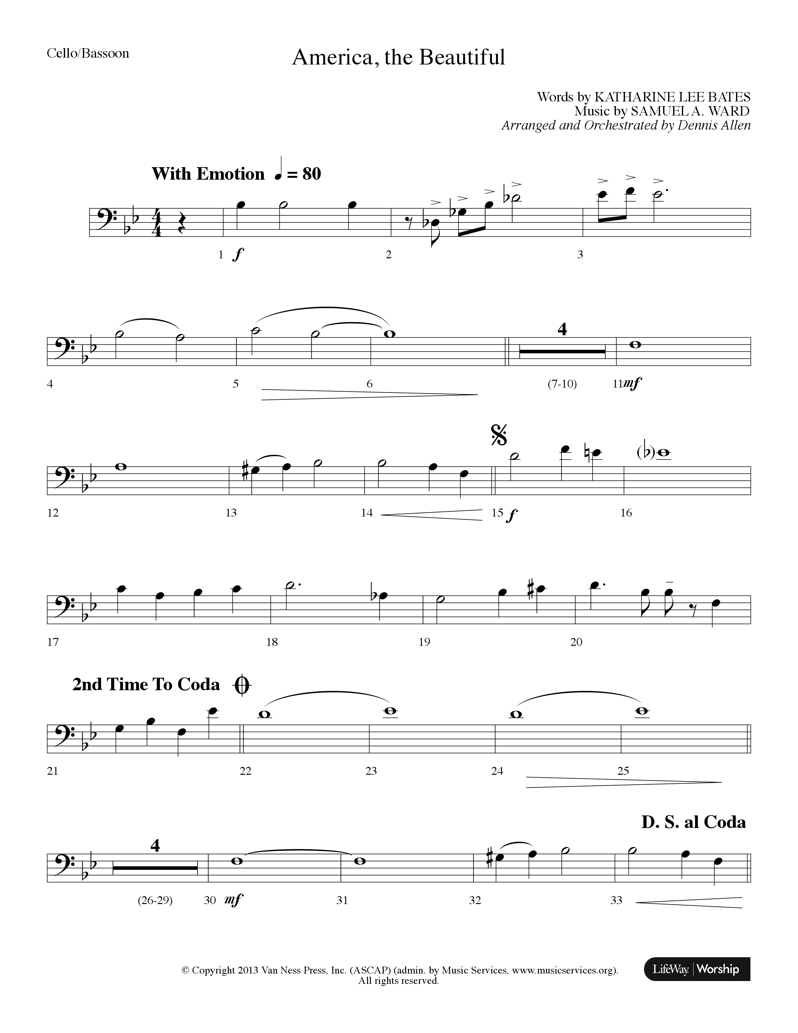 America The Beautiful (Choral Anthem SATB) Cello (Lifeway Choral / Arr. Dennis Allen)