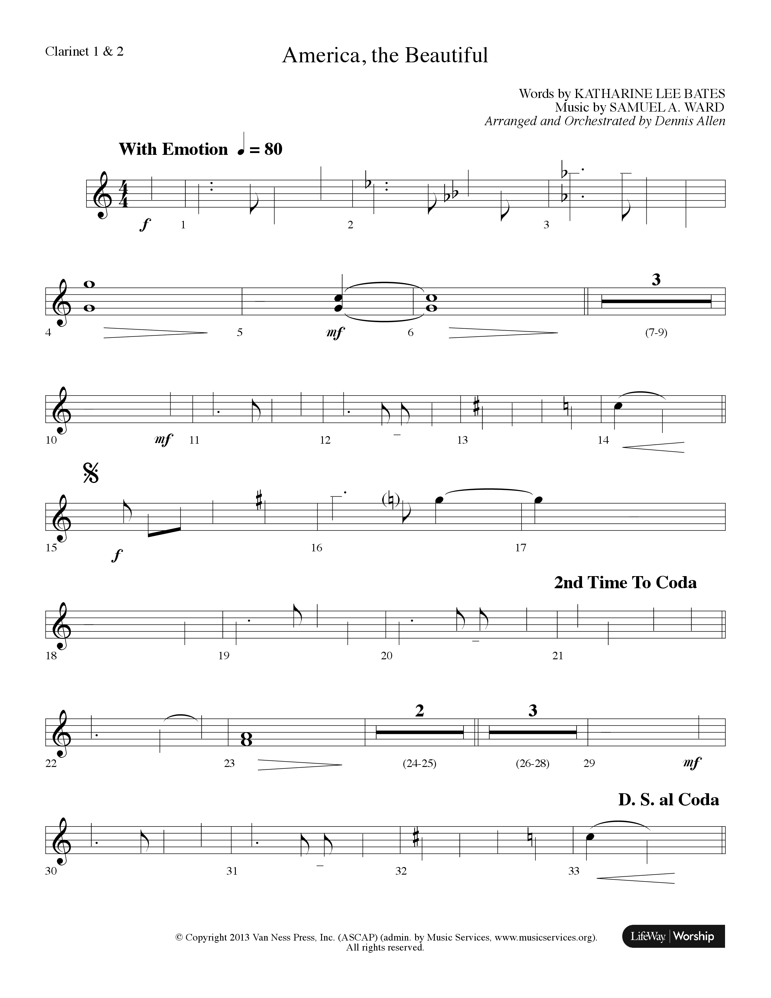 America The Beautiful (Choral Anthem SATB) Clarinet 1/2 (Lifeway Choral / Arr. Dennis Allen)