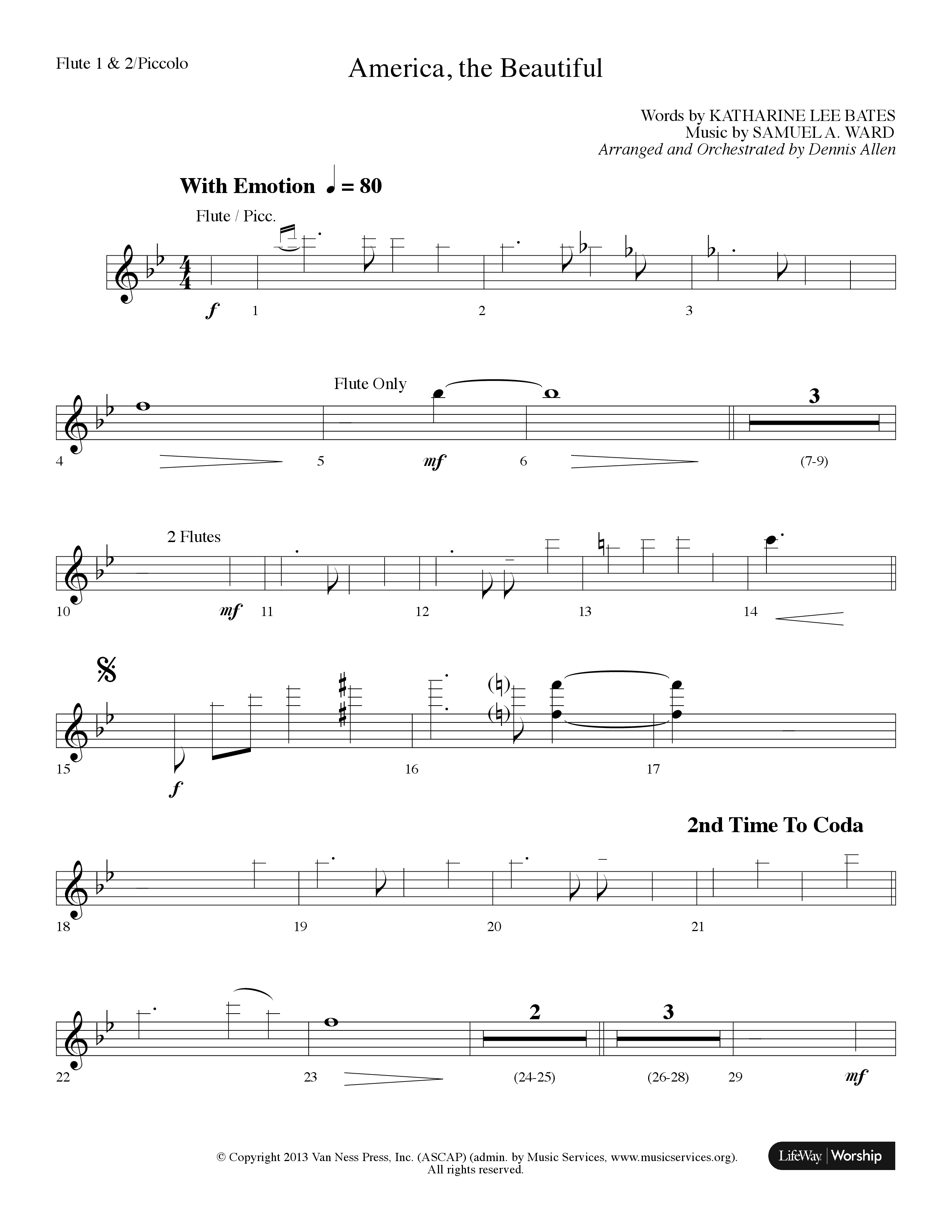 America The Beautiful (Choral Anthem SATB) Flute 1/2 (Lifeway Choral / Arr. Dennis Allen)