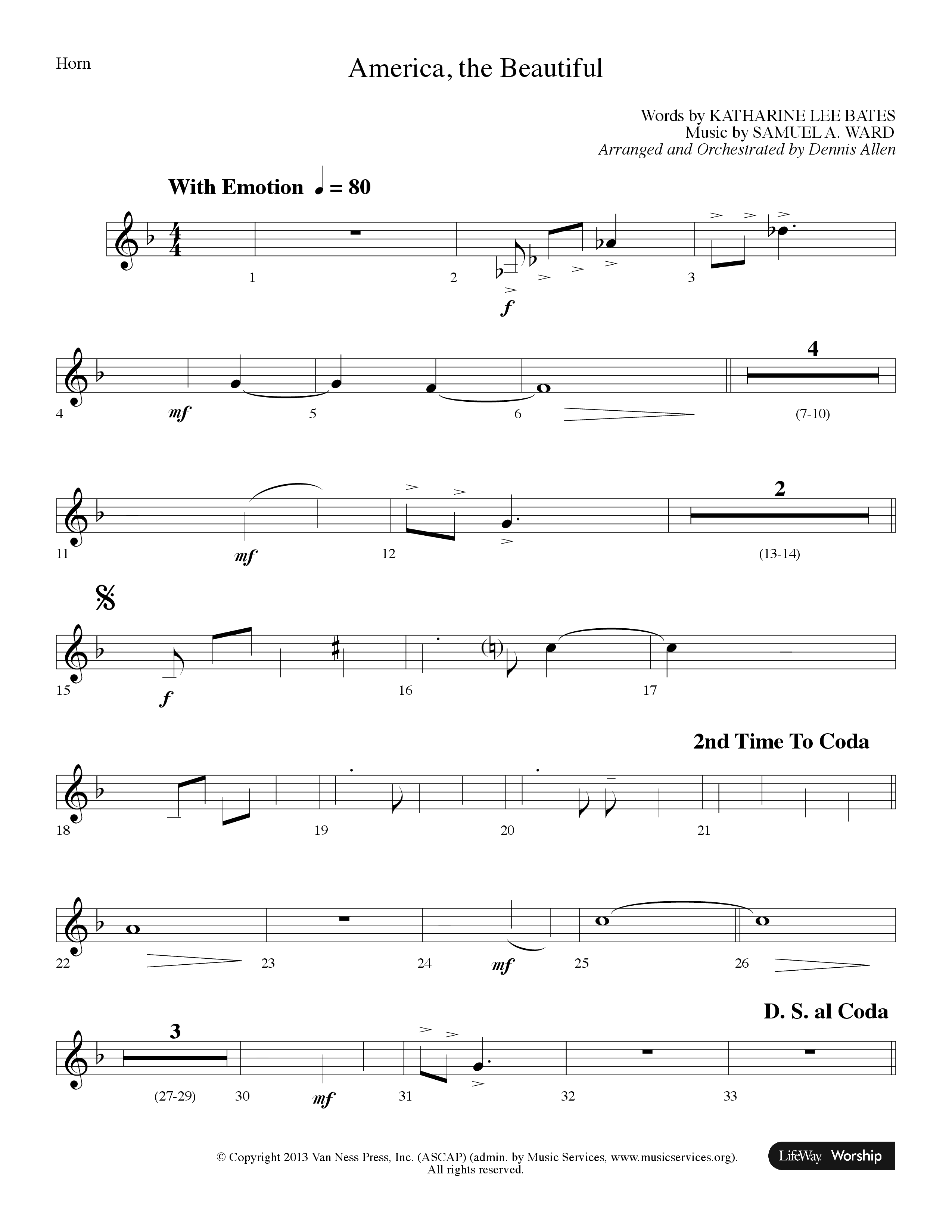 America The Beautiful (Choral Anthem SATB) French Horn (Lifeway Choral / Arr. Dennis Allen)