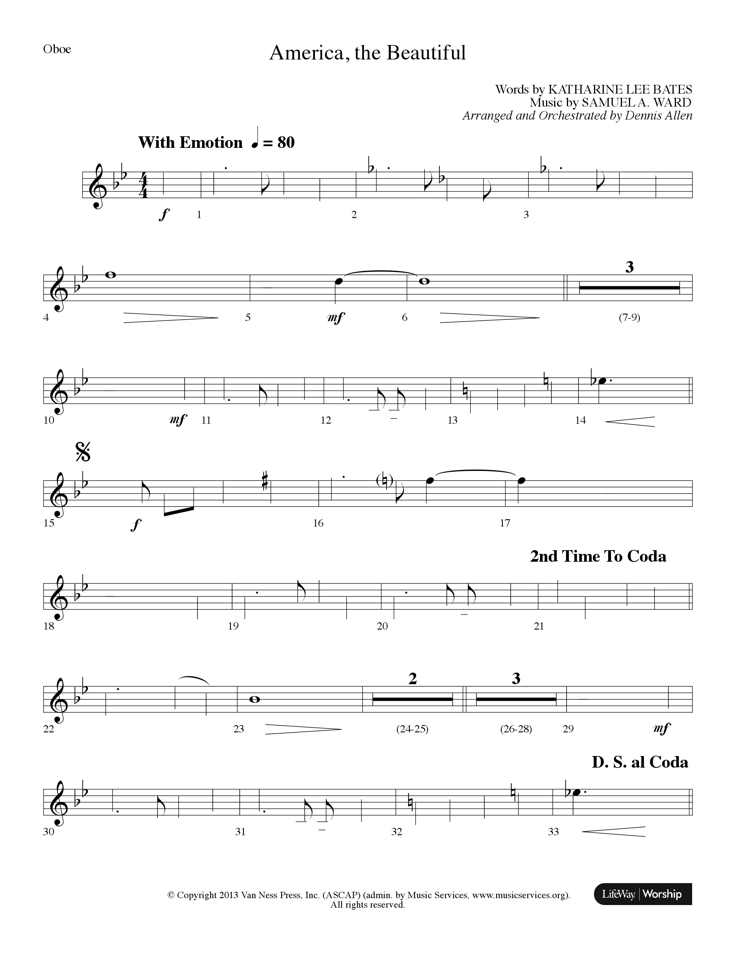 America The Beautiful (Choral Anthem SATB) Oboe (Lifeway Choral / Arr. Dennis Allen)