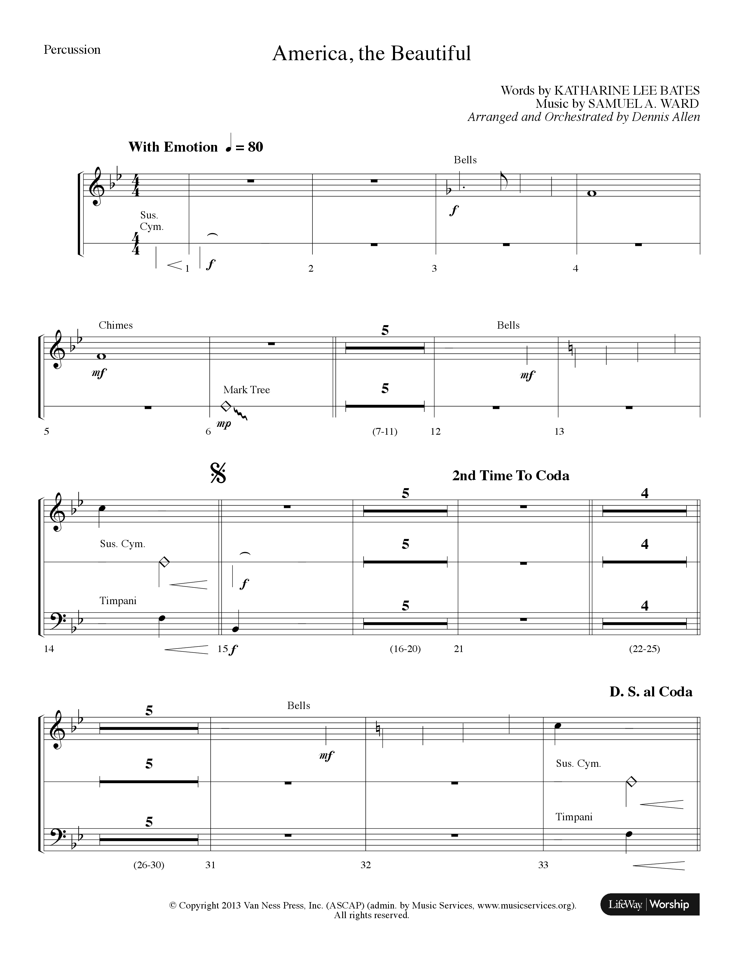 America The Beautiful (Choral Anthem SATB) Percussion (Lifeway Choral / Arr. Dennis Allen)