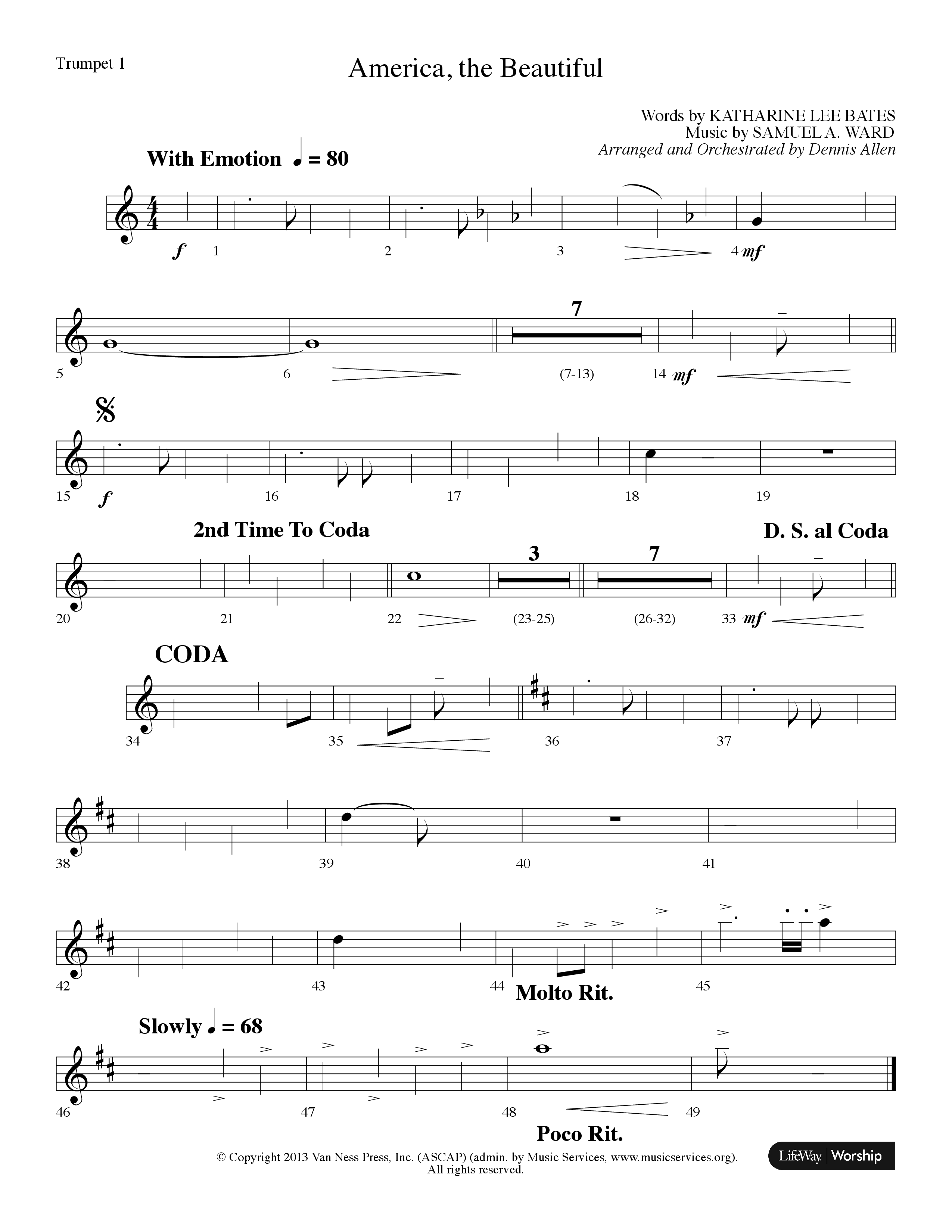 America The Beautiful (Choral Anthem SATB) Trumpet 1 (Lifeway Choral / Arr. Dennis Allen)