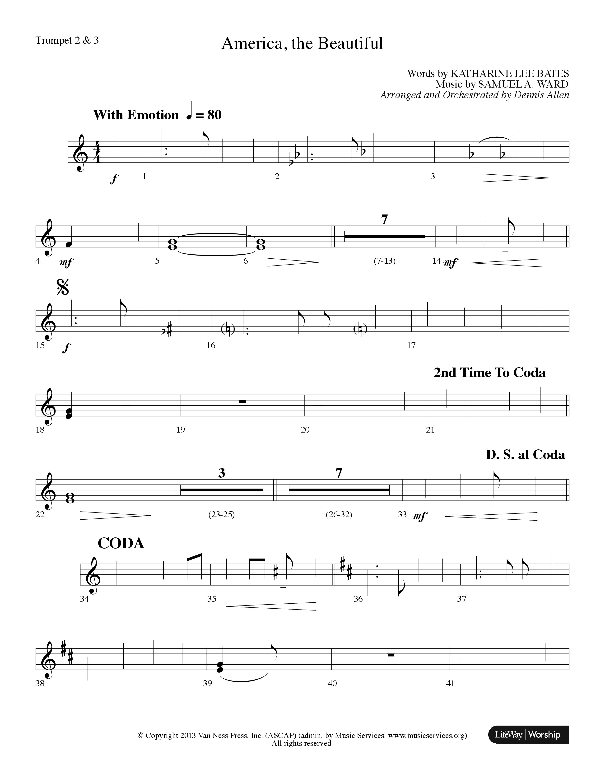 America The Beautiful (Choral Anthem SATB) Trumpet 2/3 (Lifeway Choral / Arr. Dennis Allen)