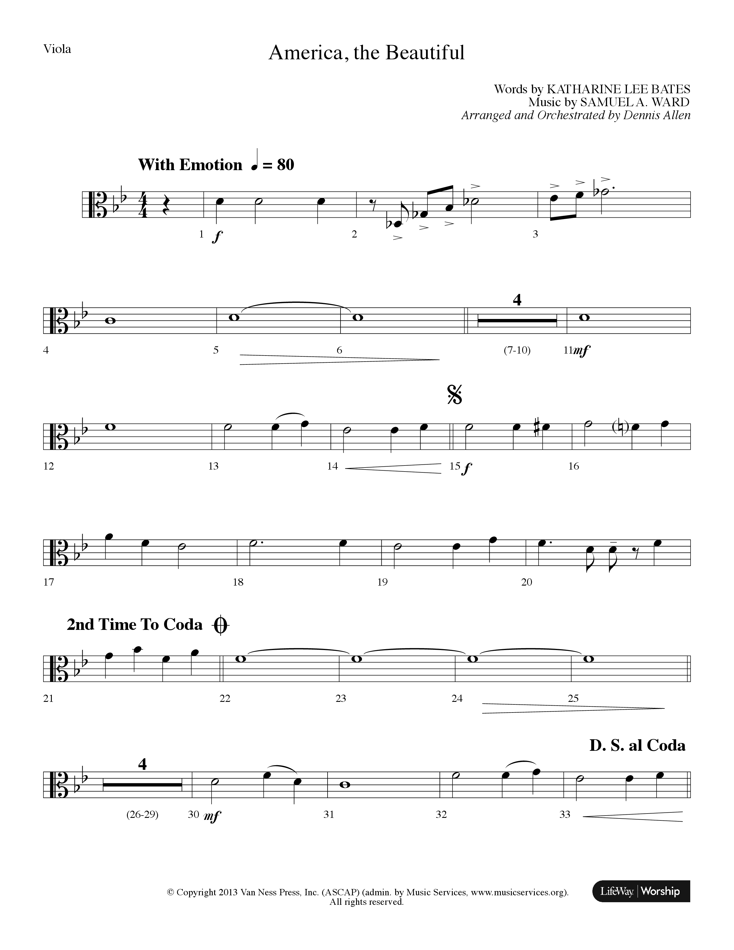 America The Beautiful (Choral Anthem SATB) Viola (Lifeway Choral / Arr. Dennis Allen)