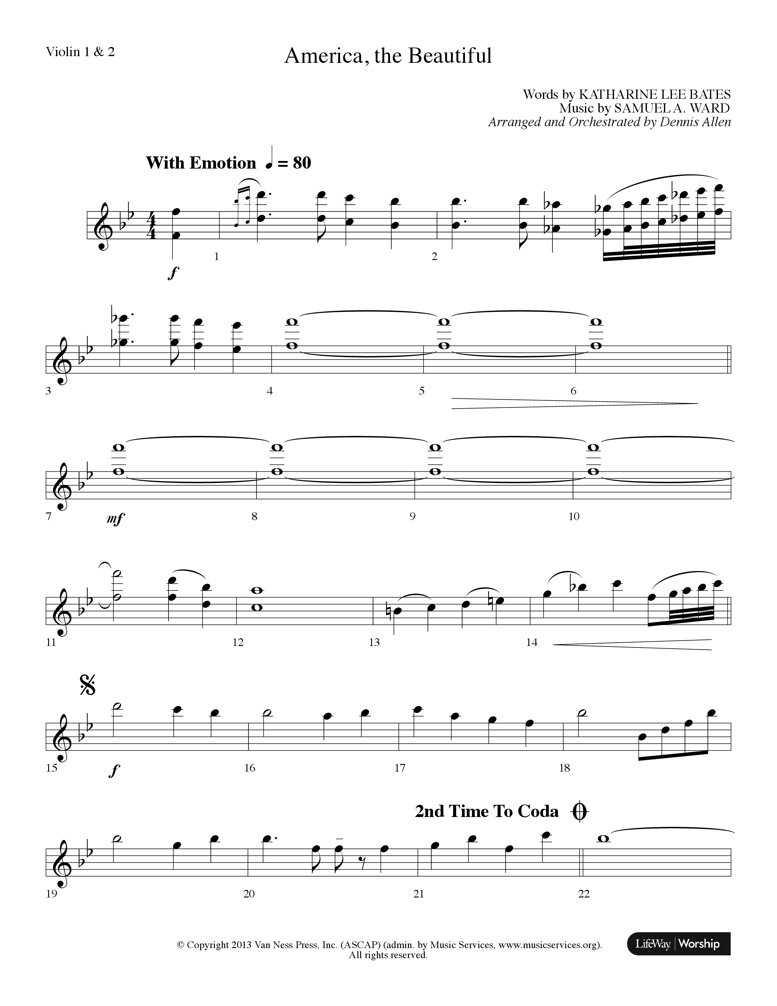 America The Beautiful (Choral Anthem SATB) Violin 1/2 (Lifeway Choral / Arr. Dennis Allen)