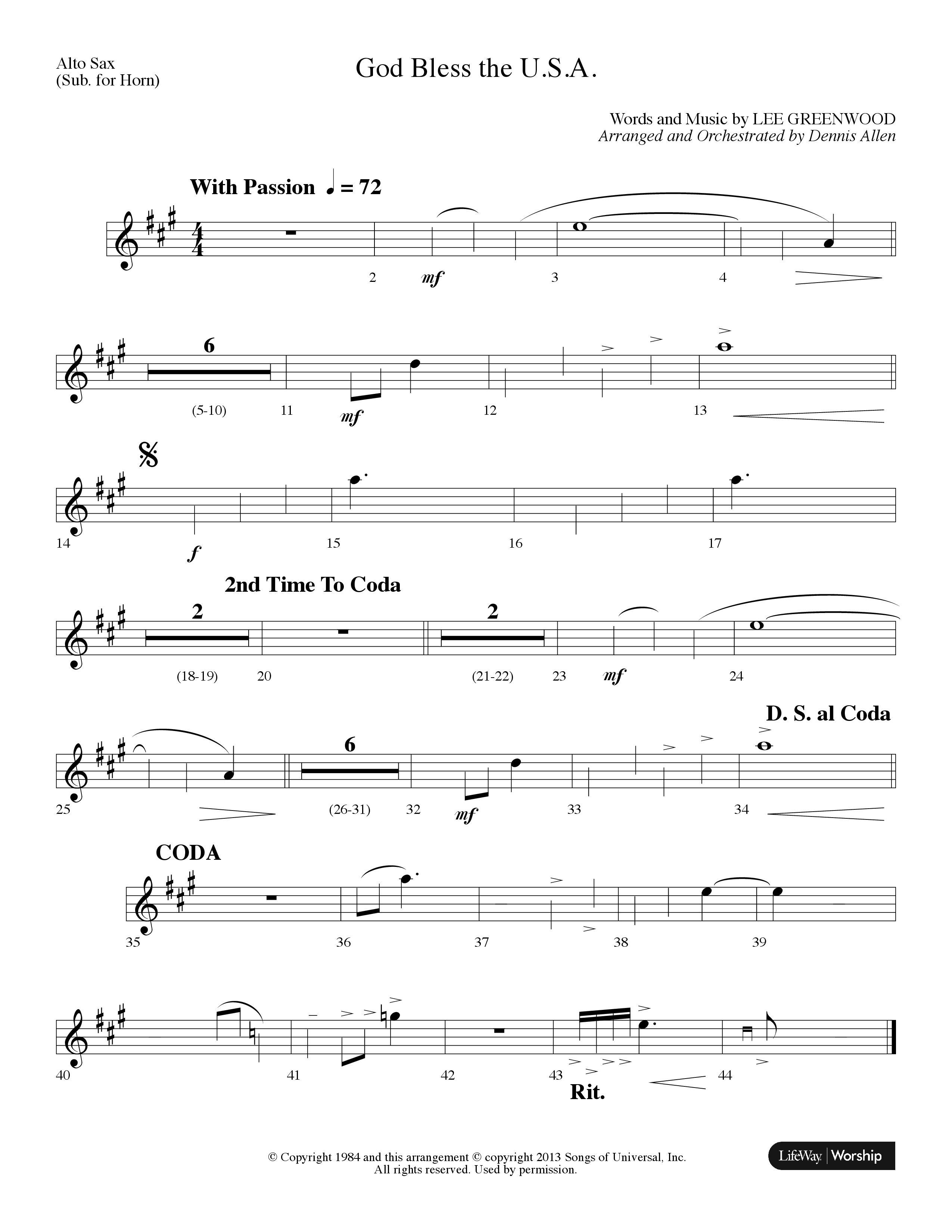 God Bless The USA (Choral Anthem SATB) Alto Sax (Lifeway Choral / Arr. Dennis Allen)