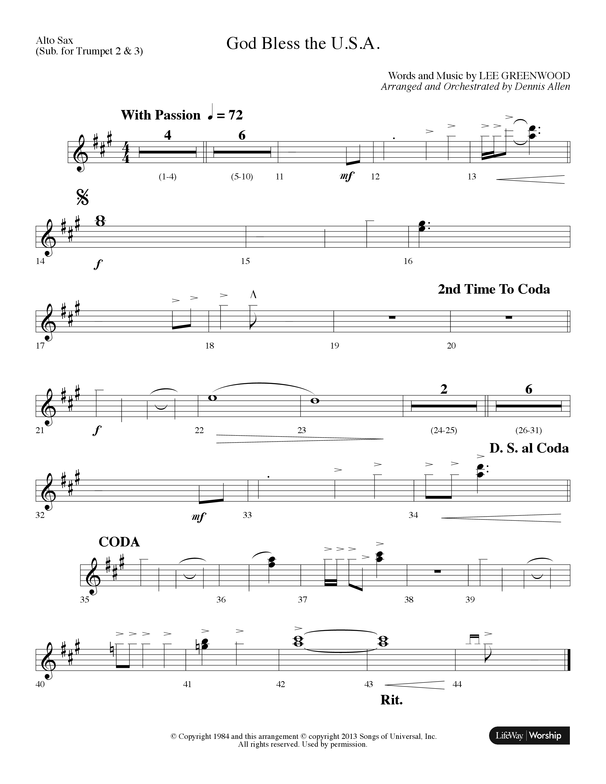 God Bless The USA (Choral Anthem SATB) Alto Sax (Lifeway Choral / Arr. Dennis Allen)