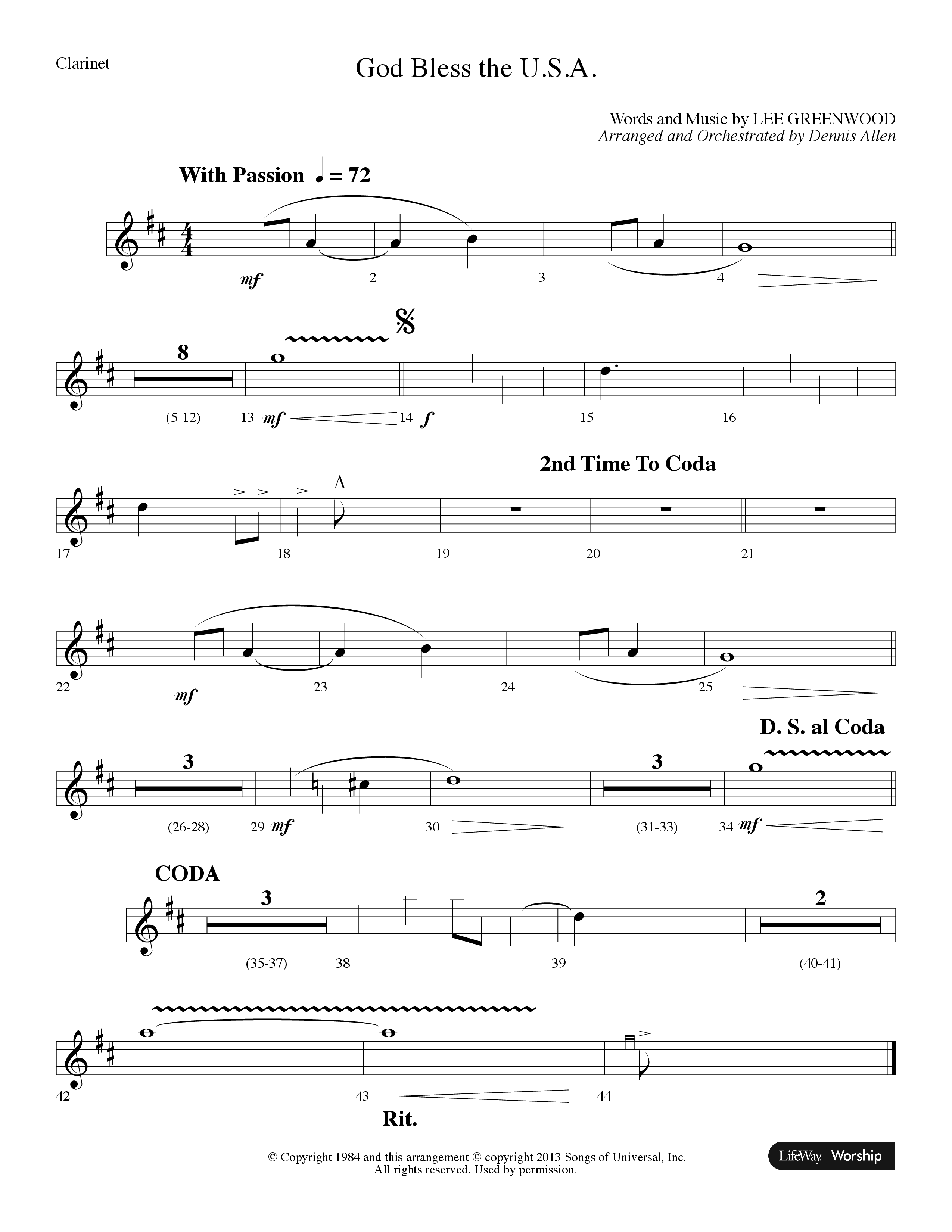 God Bless The USA (Choral Anthem SATB) Clarinet (Lifeway Choral / Arr. Dennis Allen)