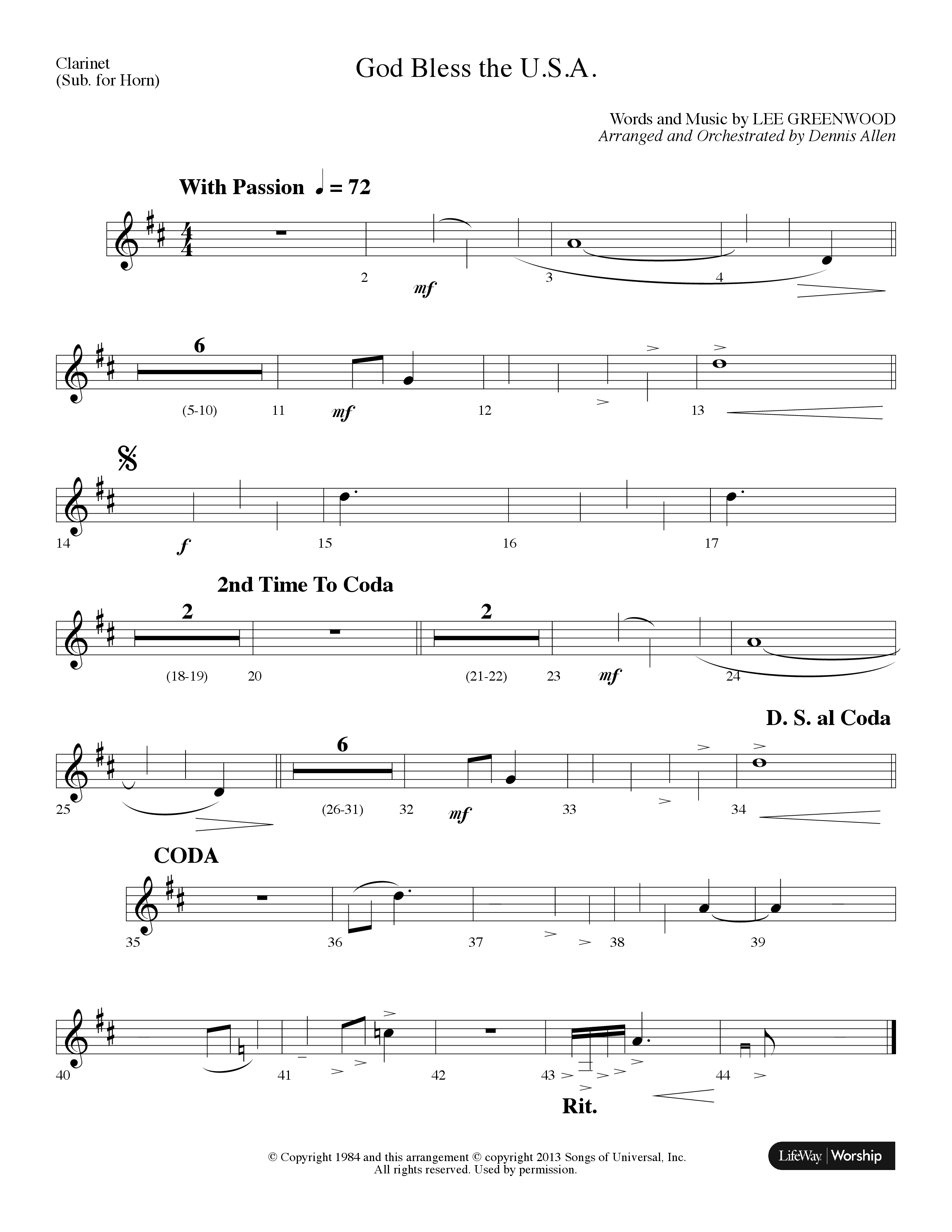 God Bless The USA (Choral Anthem SATB) Clarinet (Lifeway Choral / Arr. Dennis Allen)