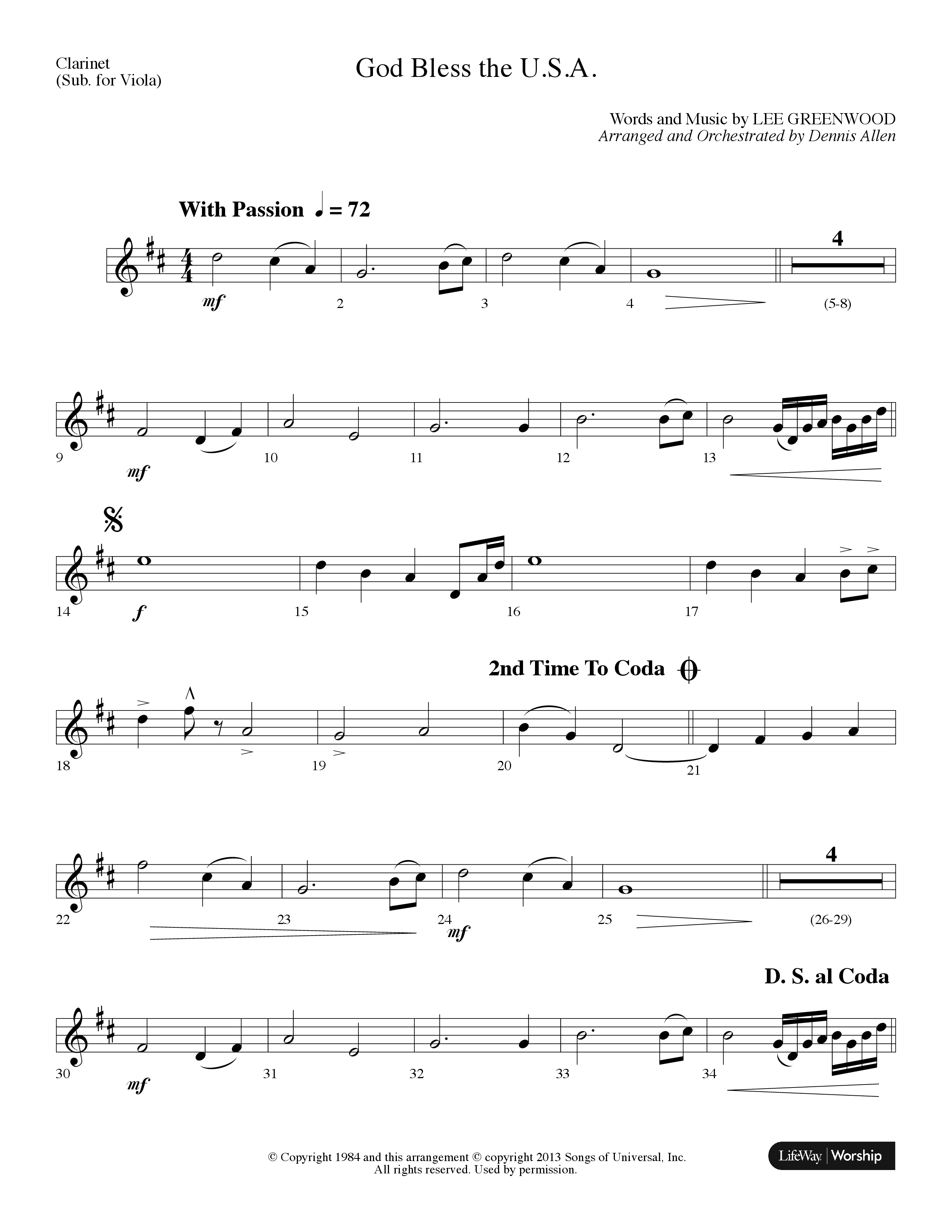 God Bless The USA (Choral Anthem SATB) Clarinet (Lifeway Choral / Arr. Dennis Allen)