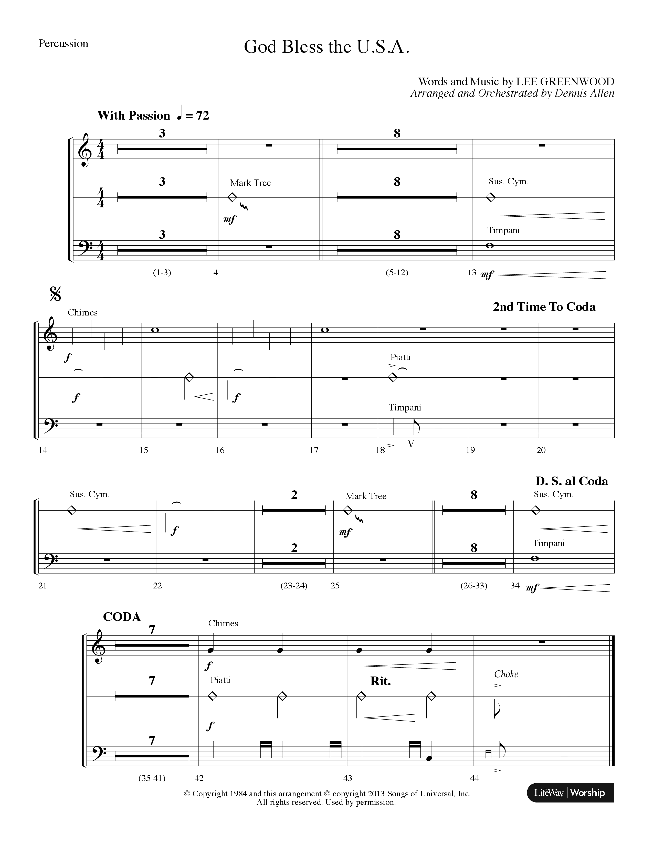 God Bless The USA (Choral Anthem SATB) Percussion (Lifeway Choral / Arr. Dennis Allen)