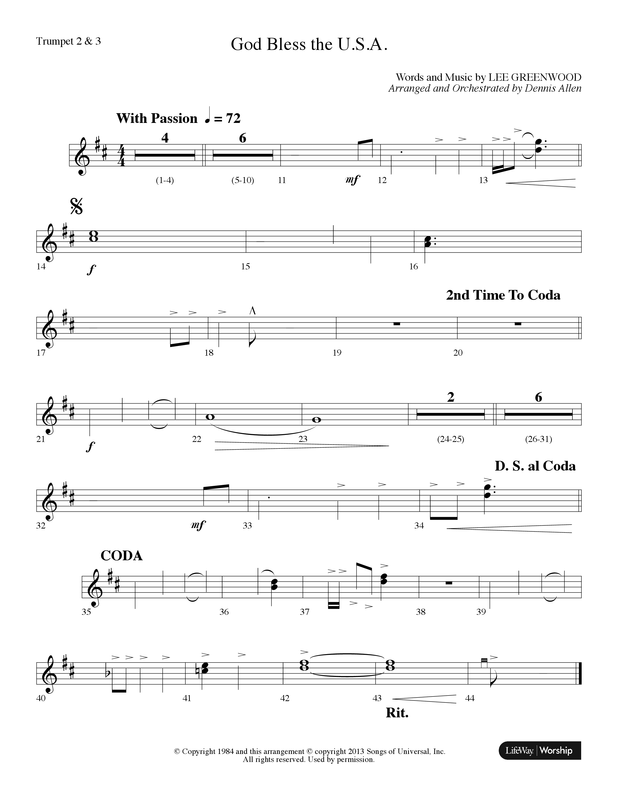 God Bless The USA (Choral Anthem SATB) Trumpet 2/3 (Lifeway Choral / Arr. Dennis Allen)