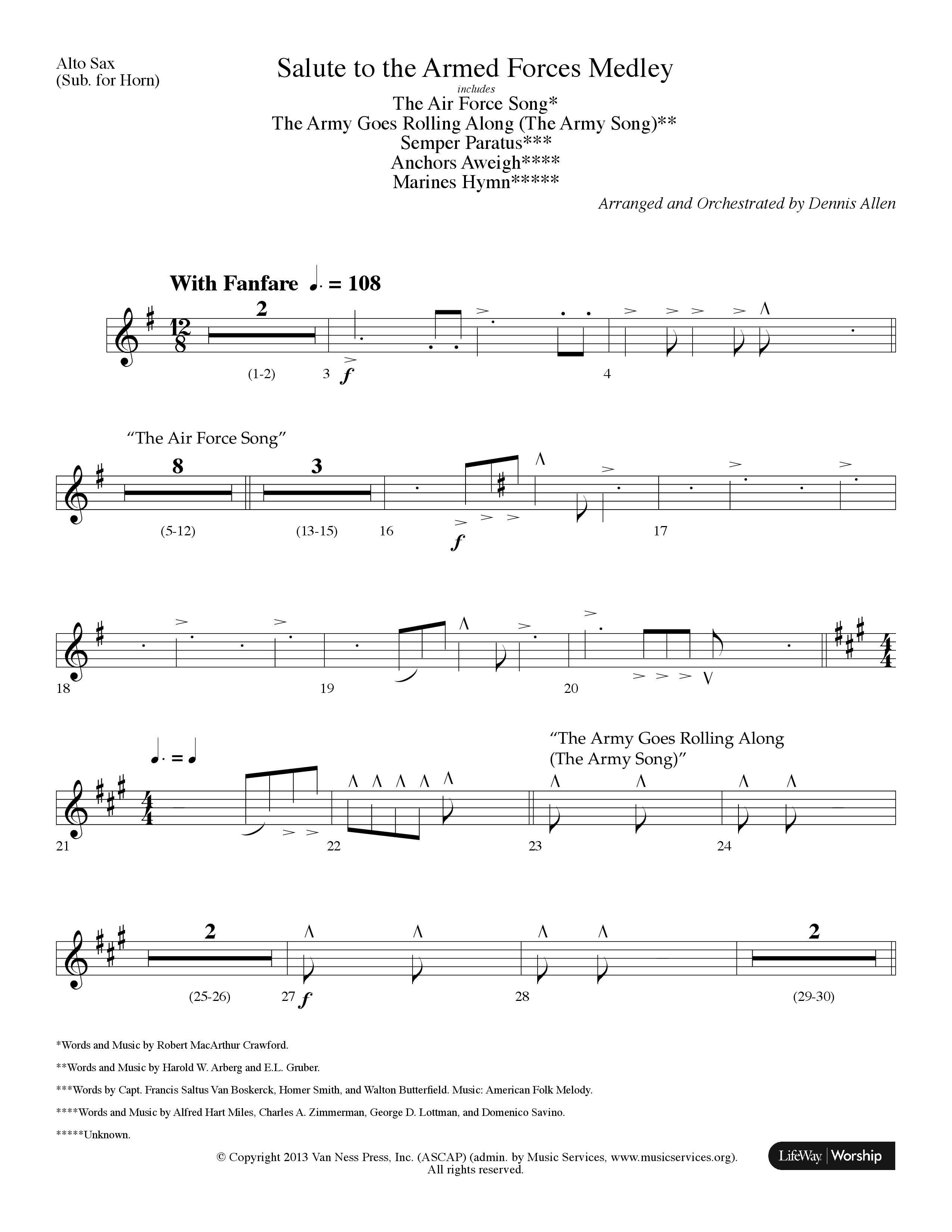 Salute To The Armed Forces Medley (with The Air Force Song, The Army Goes Rolling Along (The Army So (Choral Anthem SATB) Alto Sax (Lifeway Choral / Arr. Dennis Allen)