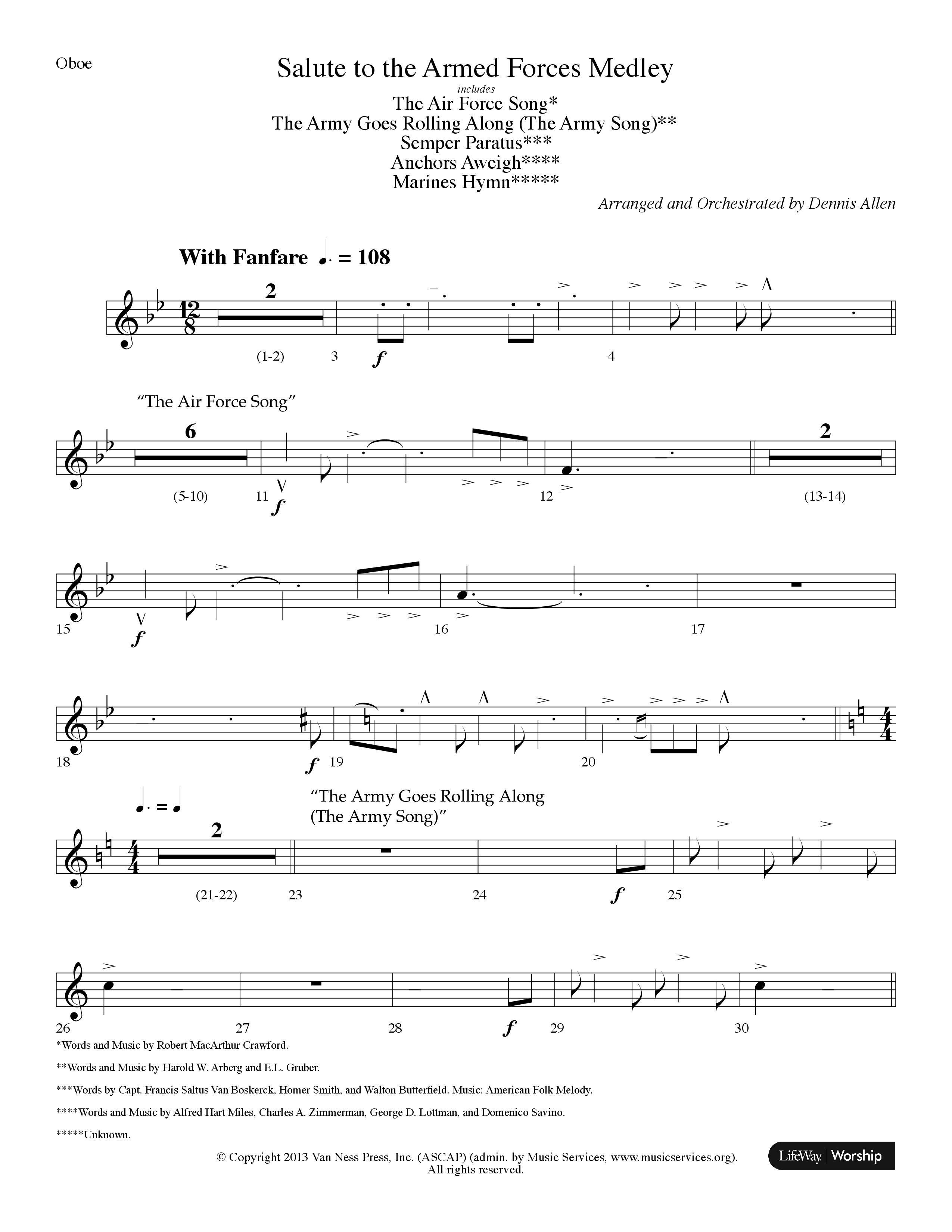 Salute To The Armed Forces Medley (with The Air Force Song, The Army Goes Rolling Along (The Army So (Choral Anthem SATB) Oboe (Lifeway Choral / Arr. Dennis Allen)