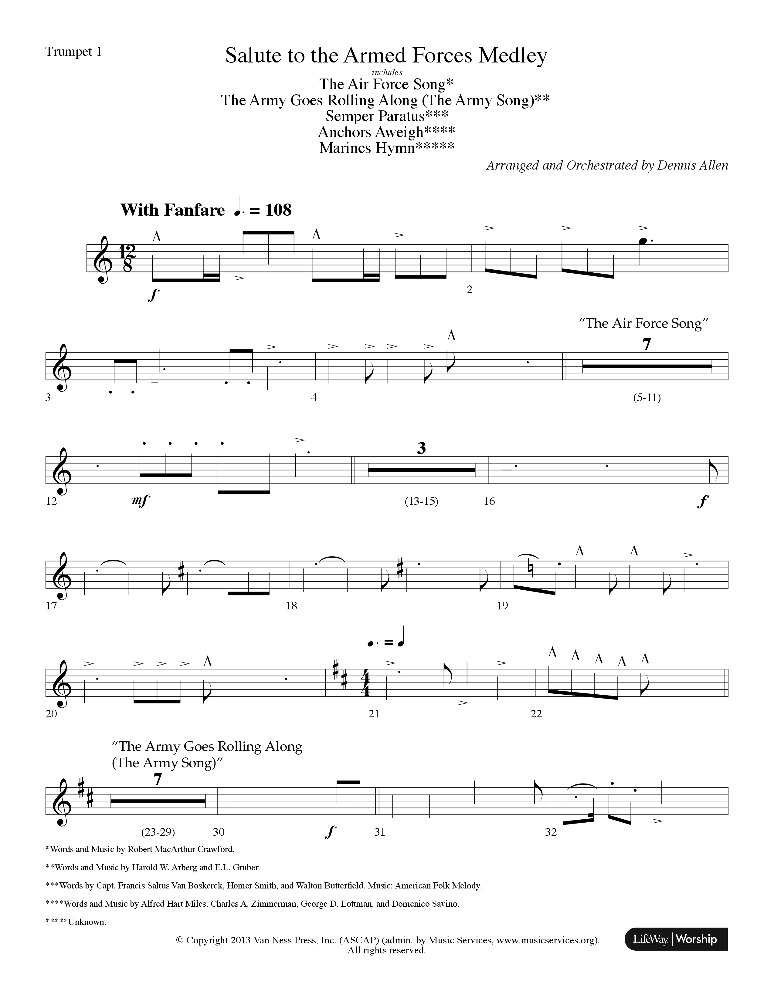 Salute To The Armed Forces Medley (with The Air Force Song, The Army Goes Rolling Along (The Army So (Choral Anthem SATB) Trumpet 1 (Lifeway Choral / Arr. Dennis Allen)