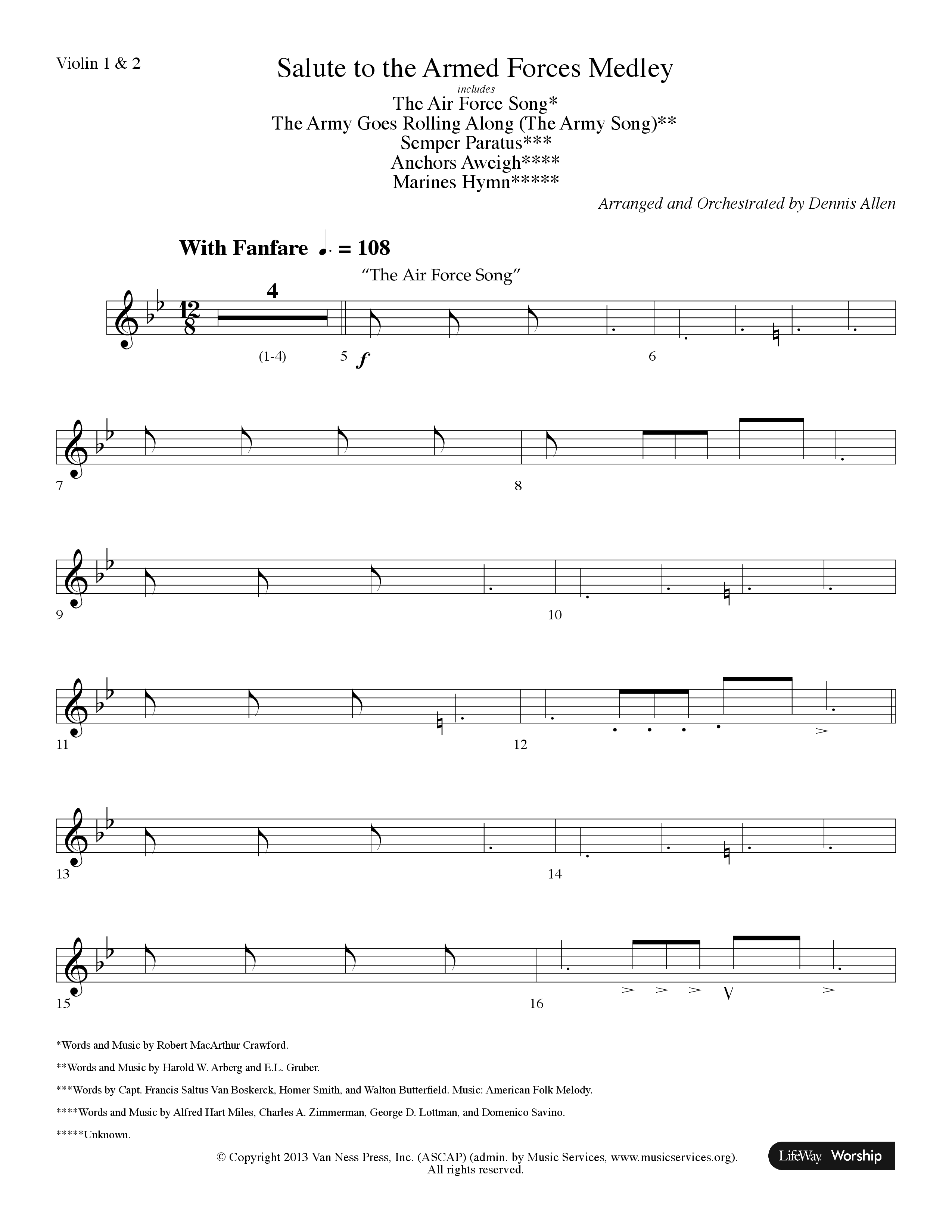 Salute To The Armed Forces Medley (with The Air Force Song, The Army Goes Rolling Along (The Army So (Choral Anthem SATB) Violin 1/2 (Lifeway Choral / Arr. Dennis Allen)