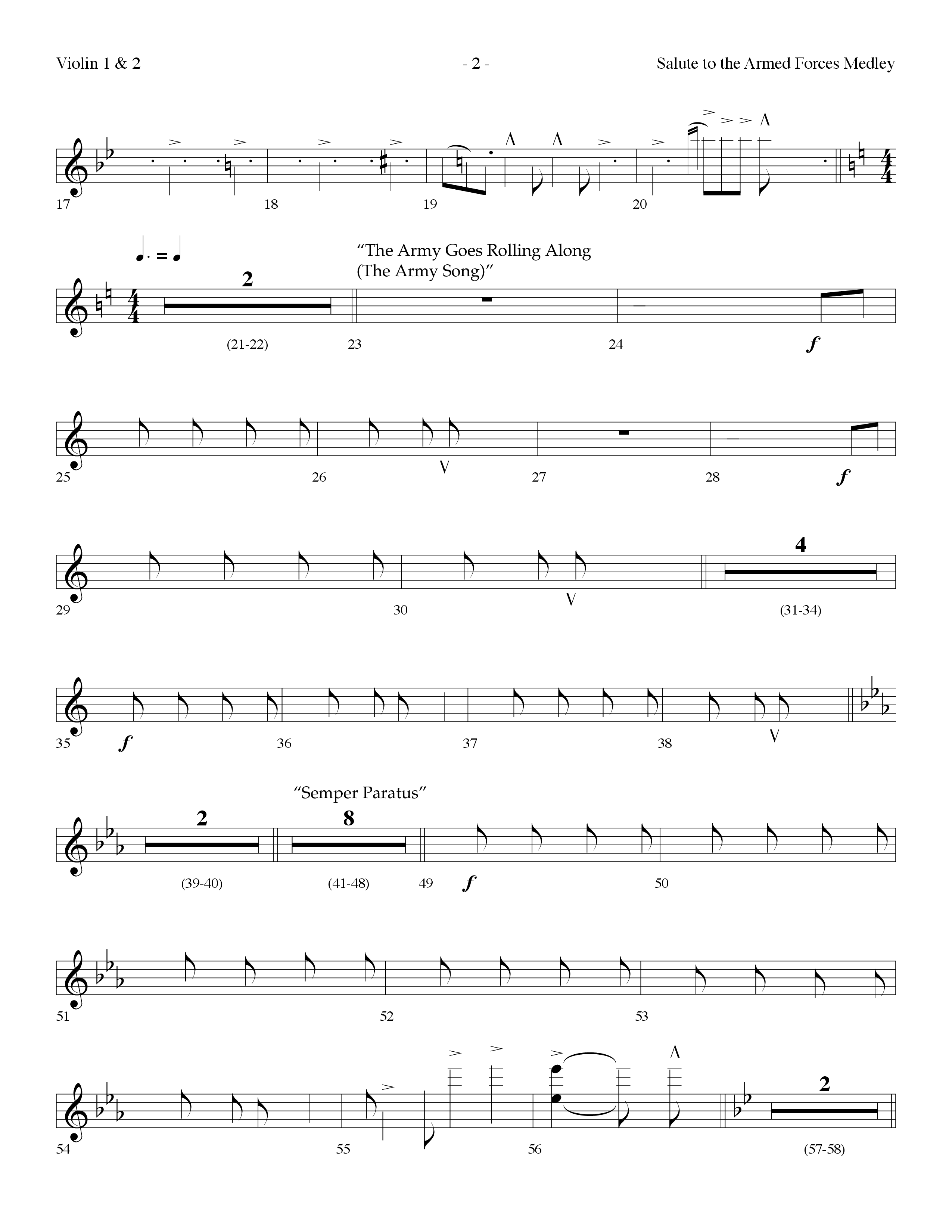 Salute To The Armed Forces Medley (with The Air Force Song, The Army Goes Rolling Along (The Army So (Choral Anthem SATB) Violin 1/2 (Lifeway Choral / Arr. Dennis Allen)