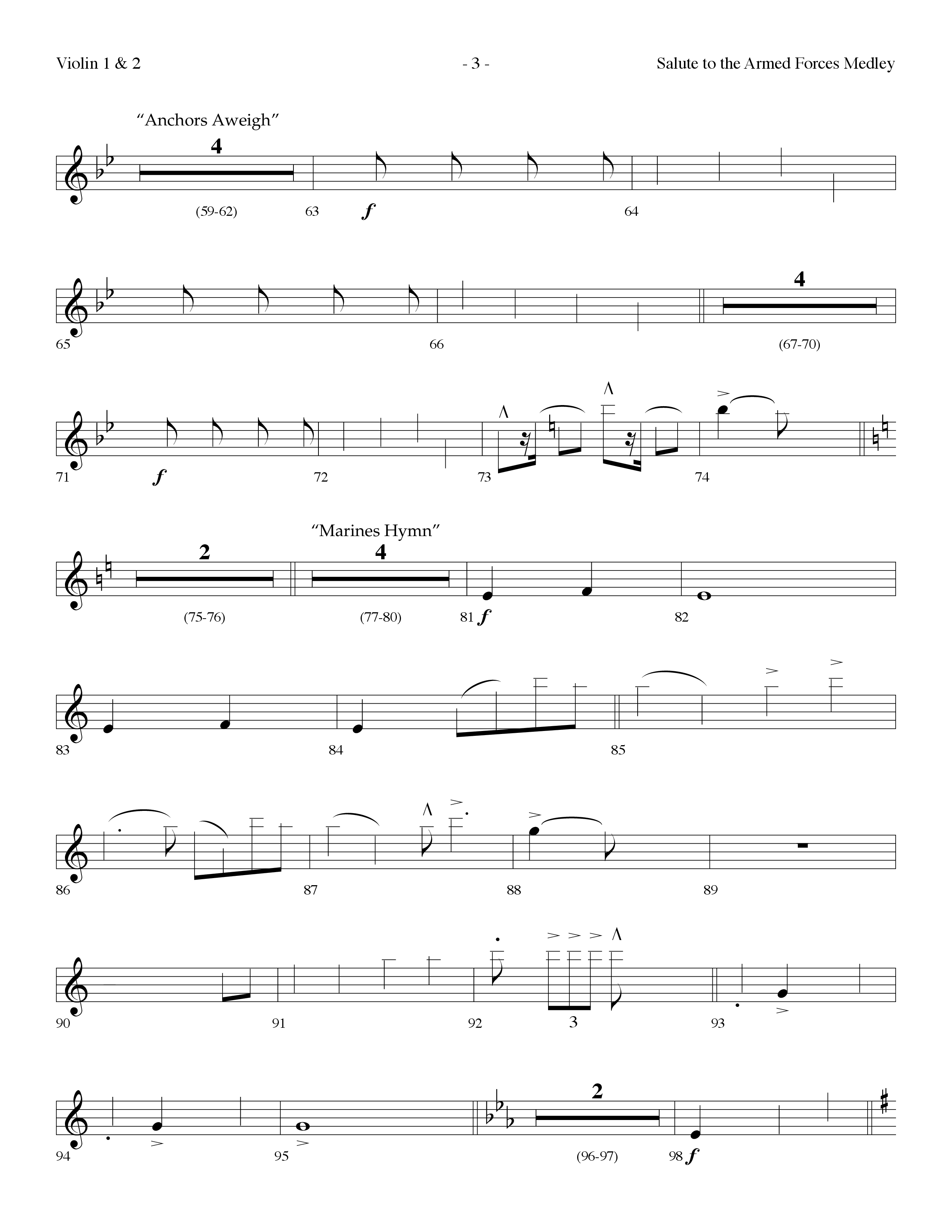 Salute To The Armed Forces Medley (with The Air Force Song, The Army Goes Rolling Along (The Army So (Choral Anthem SATB) Violin 1/2 (Lifeway Choral / Arr. Dennis Allen)