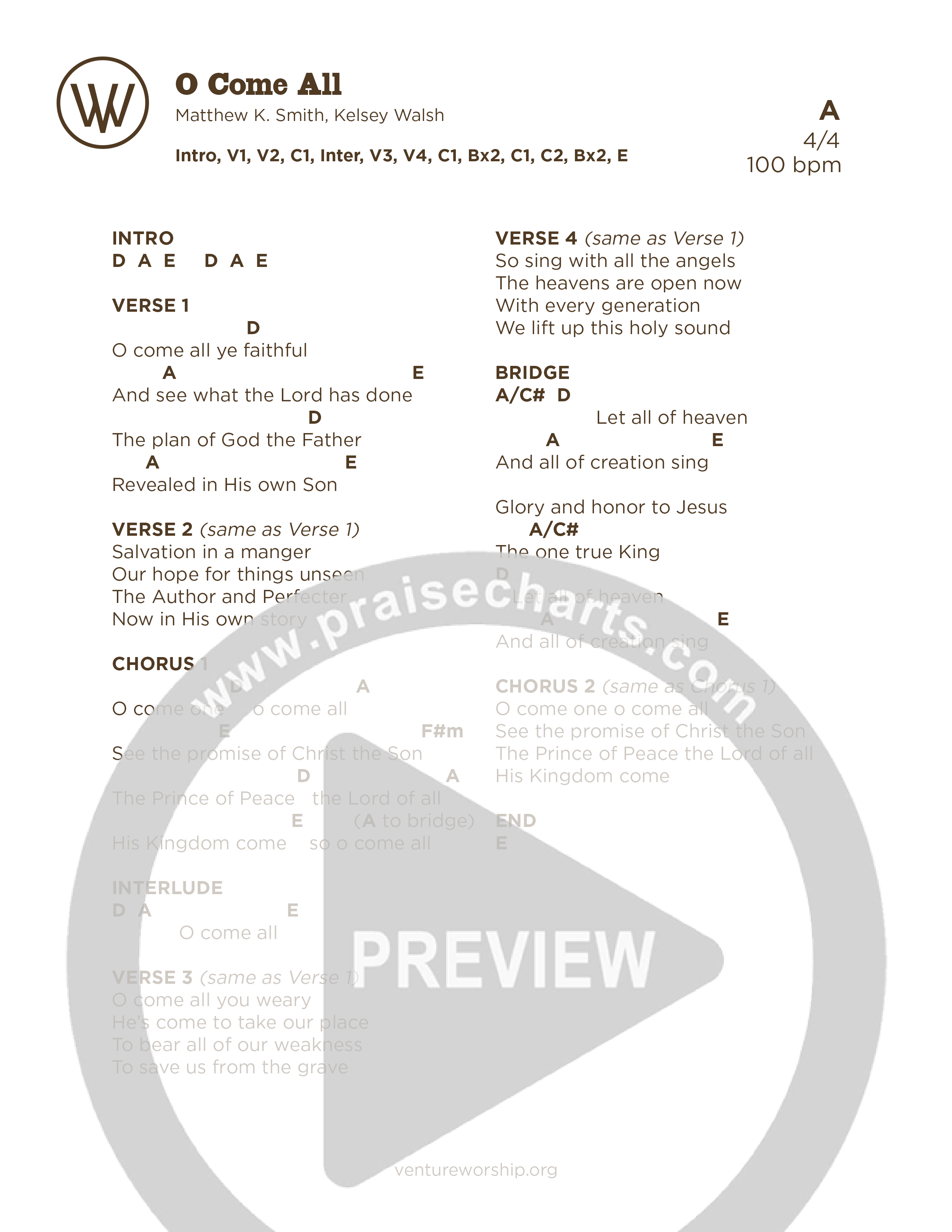 O Come All Chord Chart (Venture Worship)