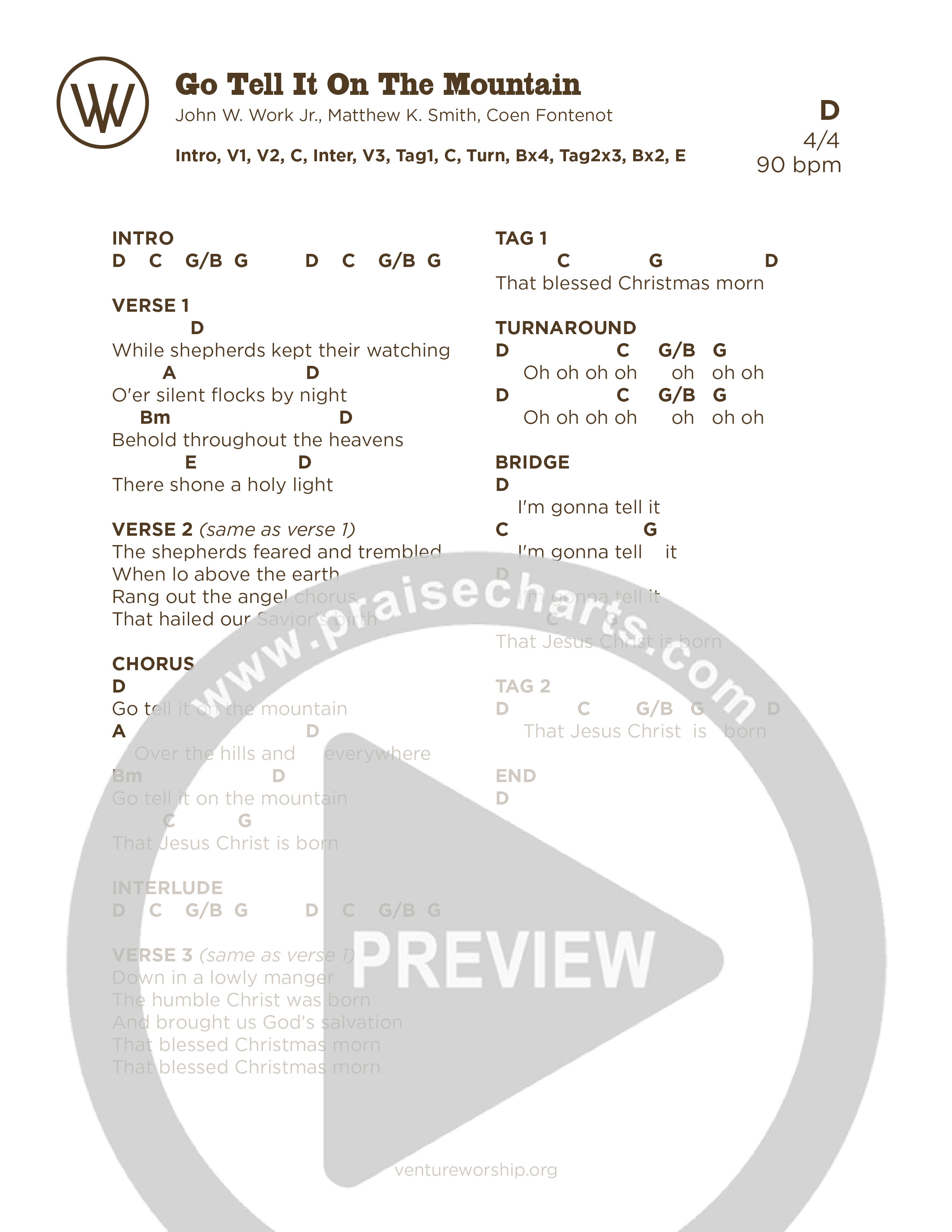 Go Tell It On The Mountain Chord Chart (Venture Worship)