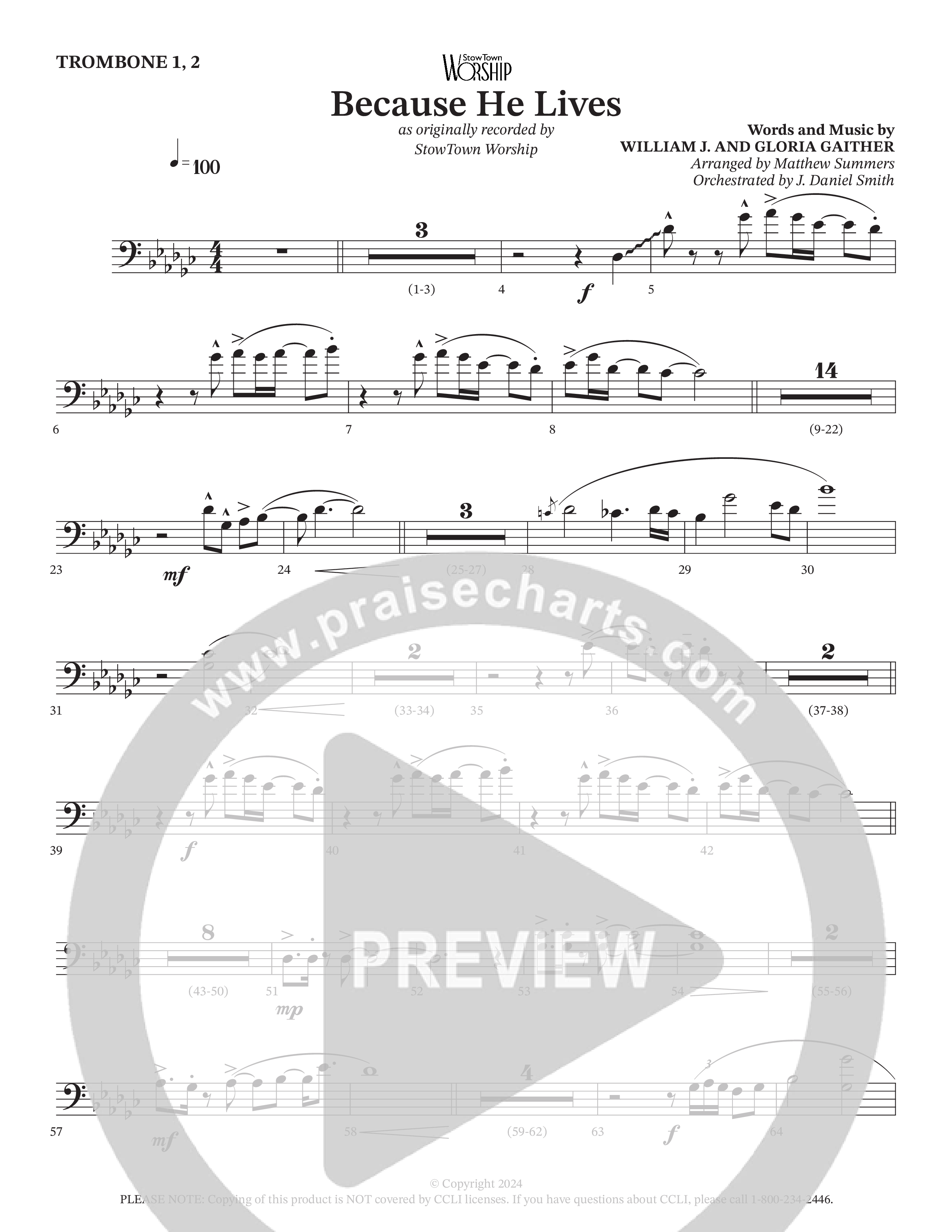 Because He Lives Trombone 1/2 (StowTown Worship / Charles Billingsley / Arr. Matthew Summers / Orch. J. Daniel Smith)