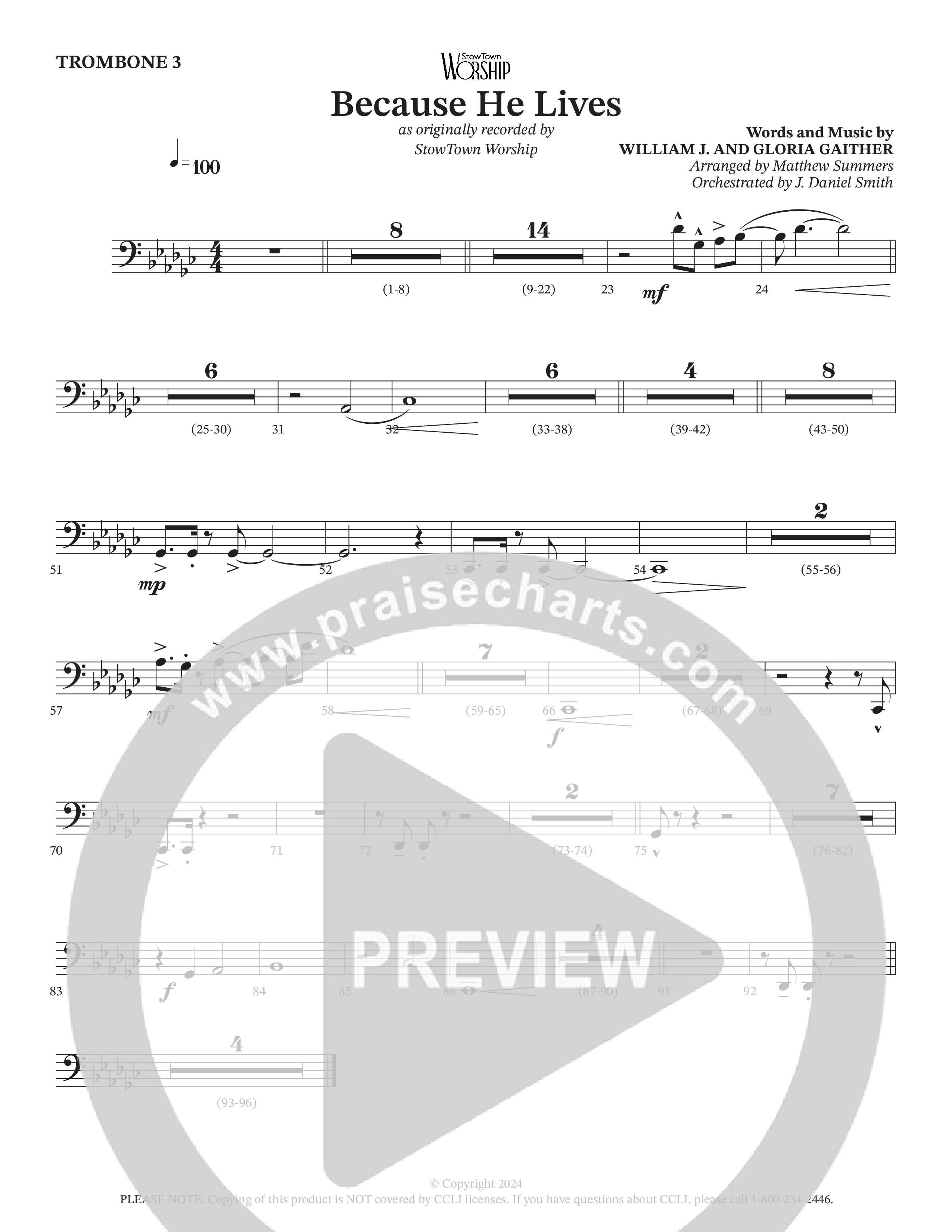 Because He Lives Trombone 3/Tuba (StowTown Worship / Charles Billingsley / Arr. Matthew Summers / Orch. J. Daniel Smith)