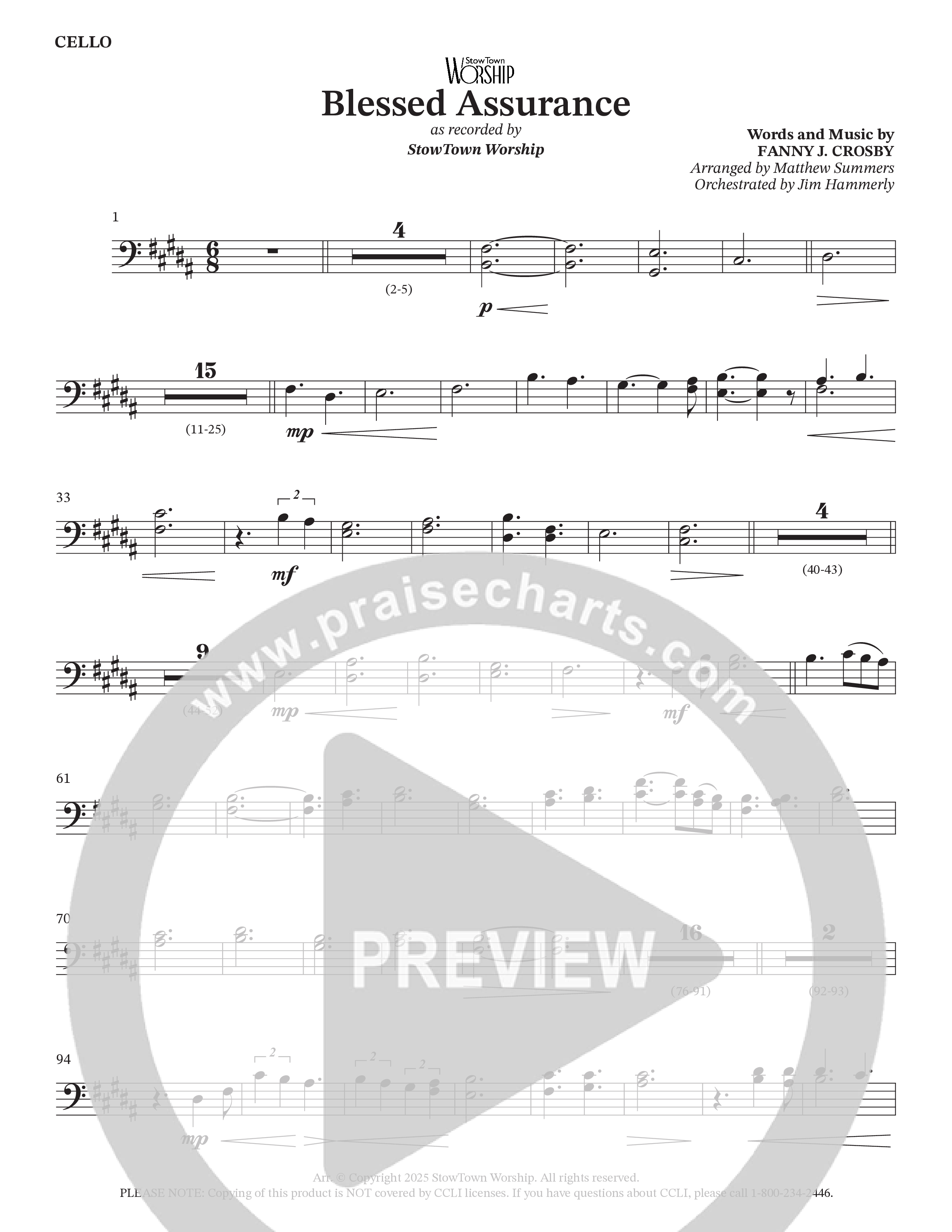 Blessed Assurance Cello (StowTown Worship / Alvin Slaughter / Arr. Matthew Summers / Orch. Jim Hammerly)