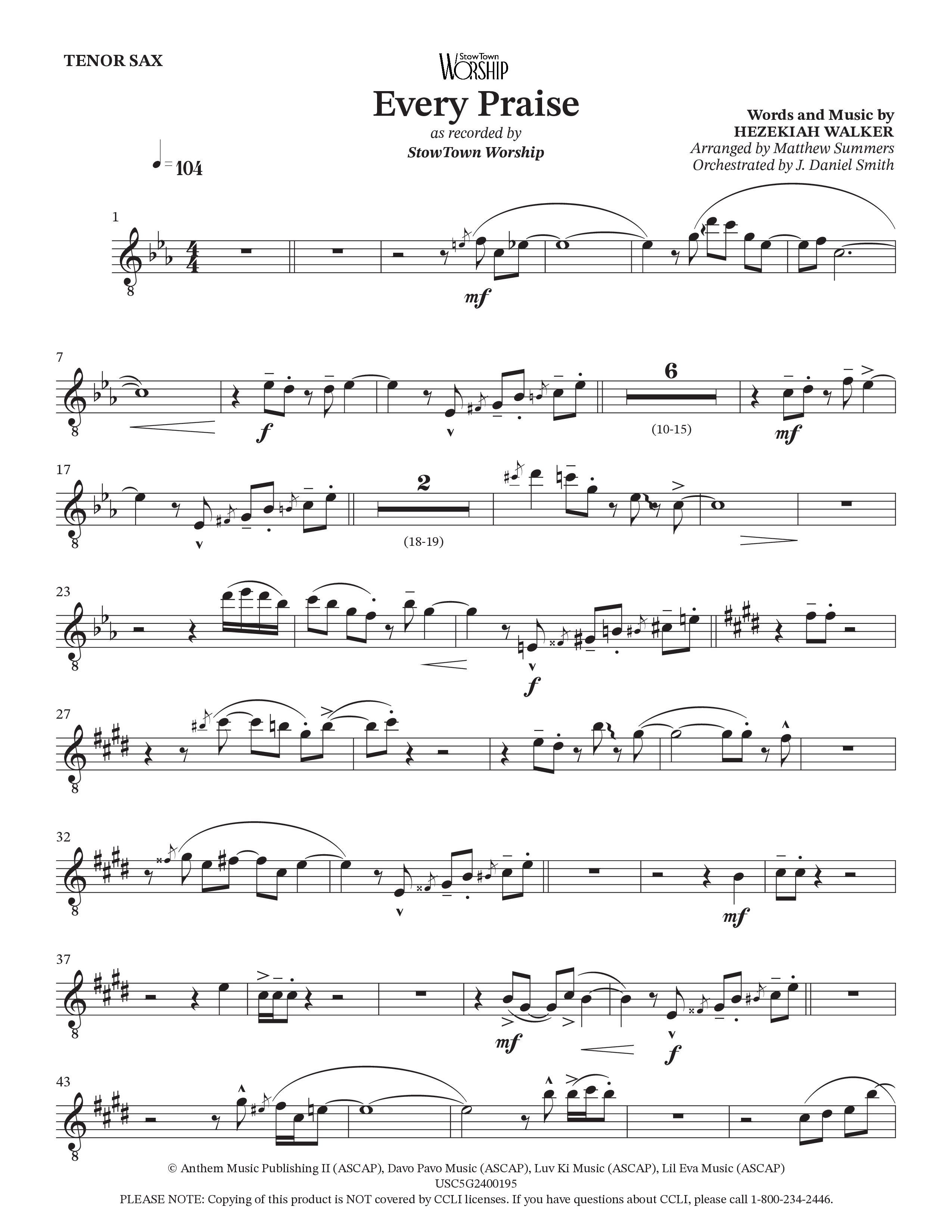 Every Praise Tenor Sax/Baritone T.C. (StowTown Worship / Charles Billingsley / Arr. Matthew Summers / Orch. J. Daniel Smith)