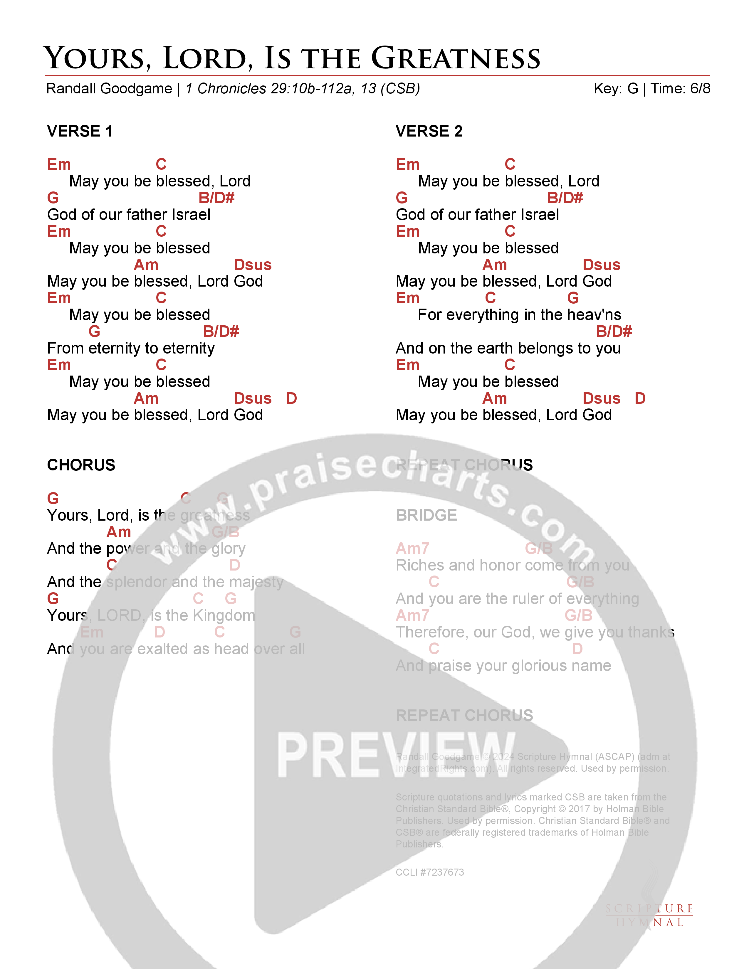 Yours Lord Is the Greatness Chord Chart (Scripture Hymnal)